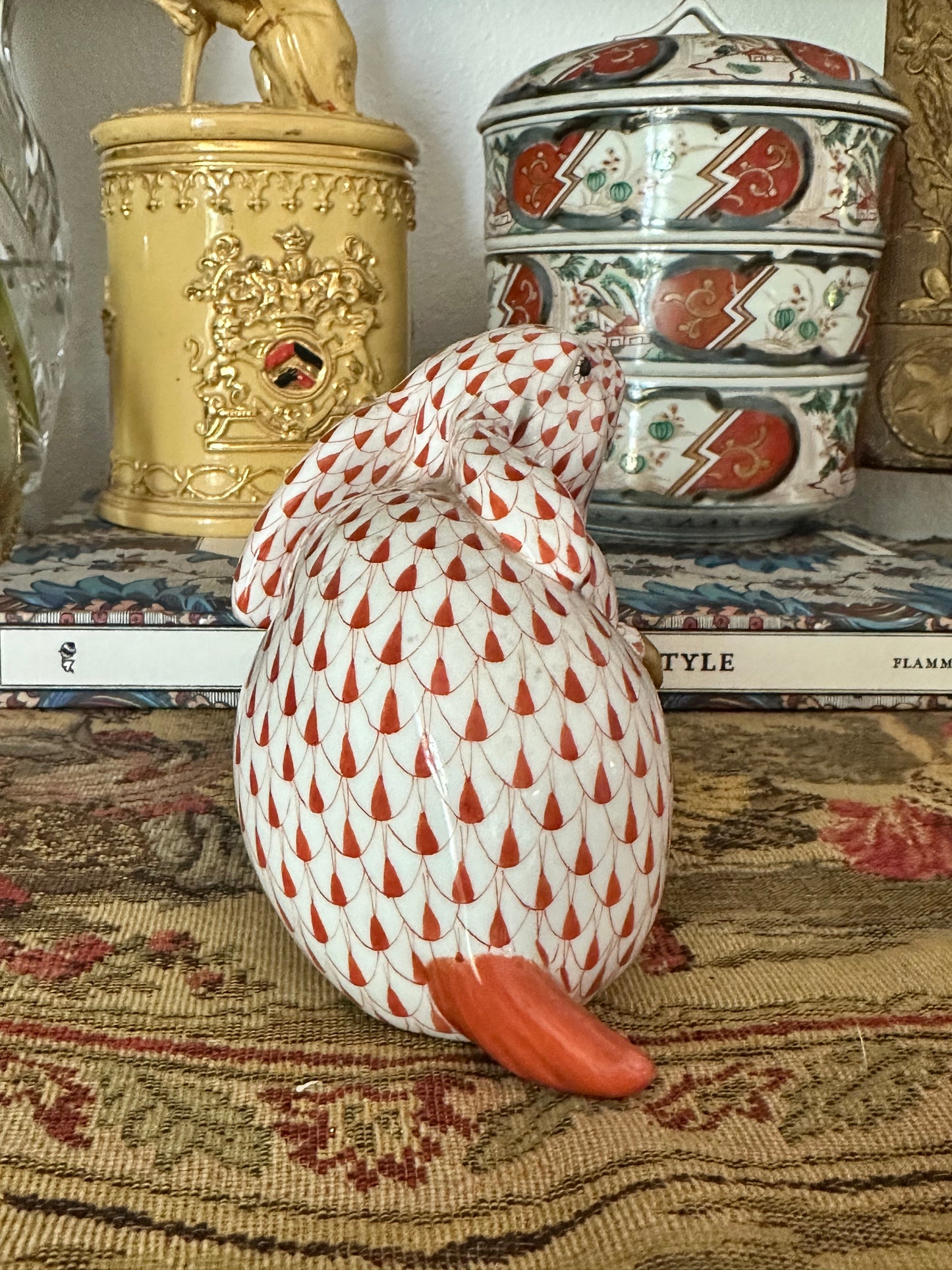 Herend Hand-Painted Porcelain Rabbit Figurine | Rust Fishnet | 6.5"