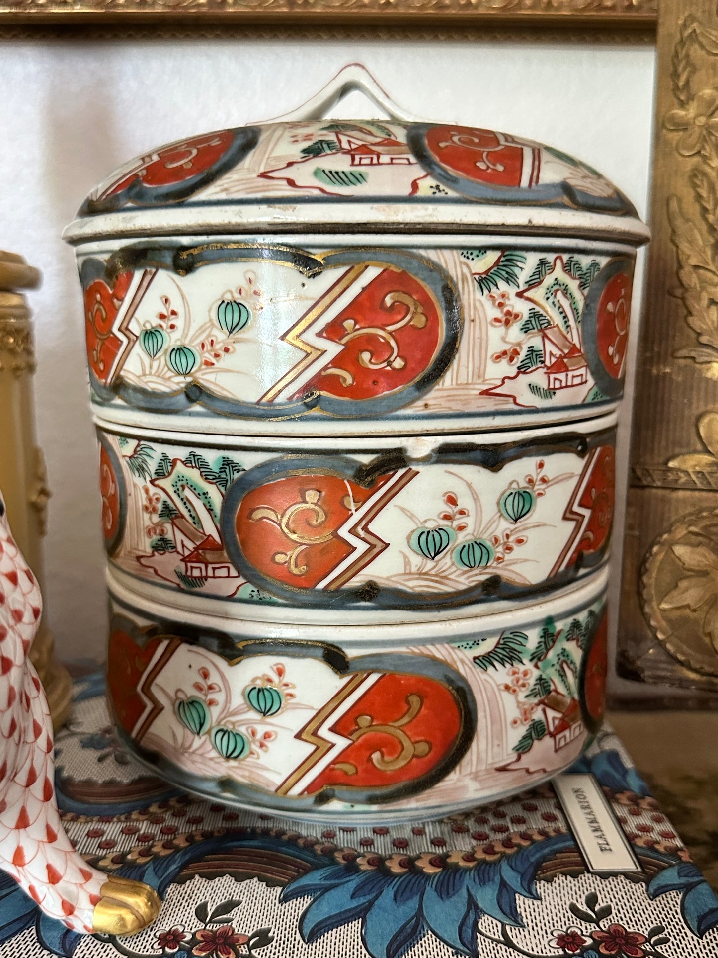 Antique Japanese Imari Three-Tier Jubako Stacking Box with Lid