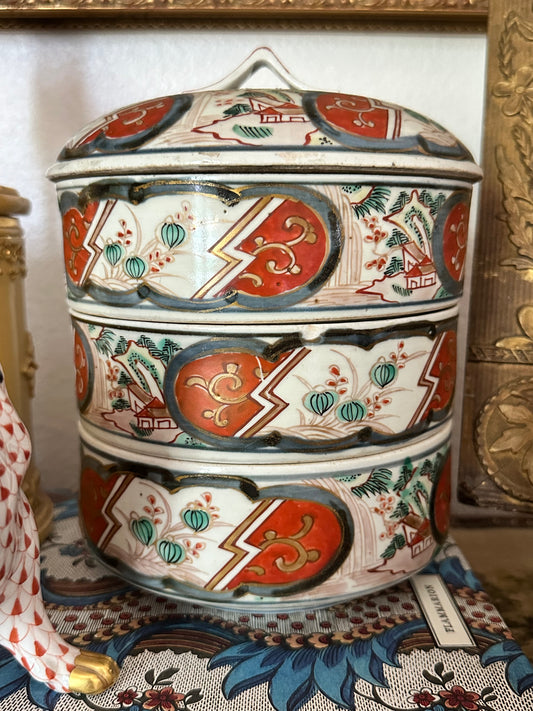 Antique Japanese Imari Three-Tier Jubako Stacking Box with Lid