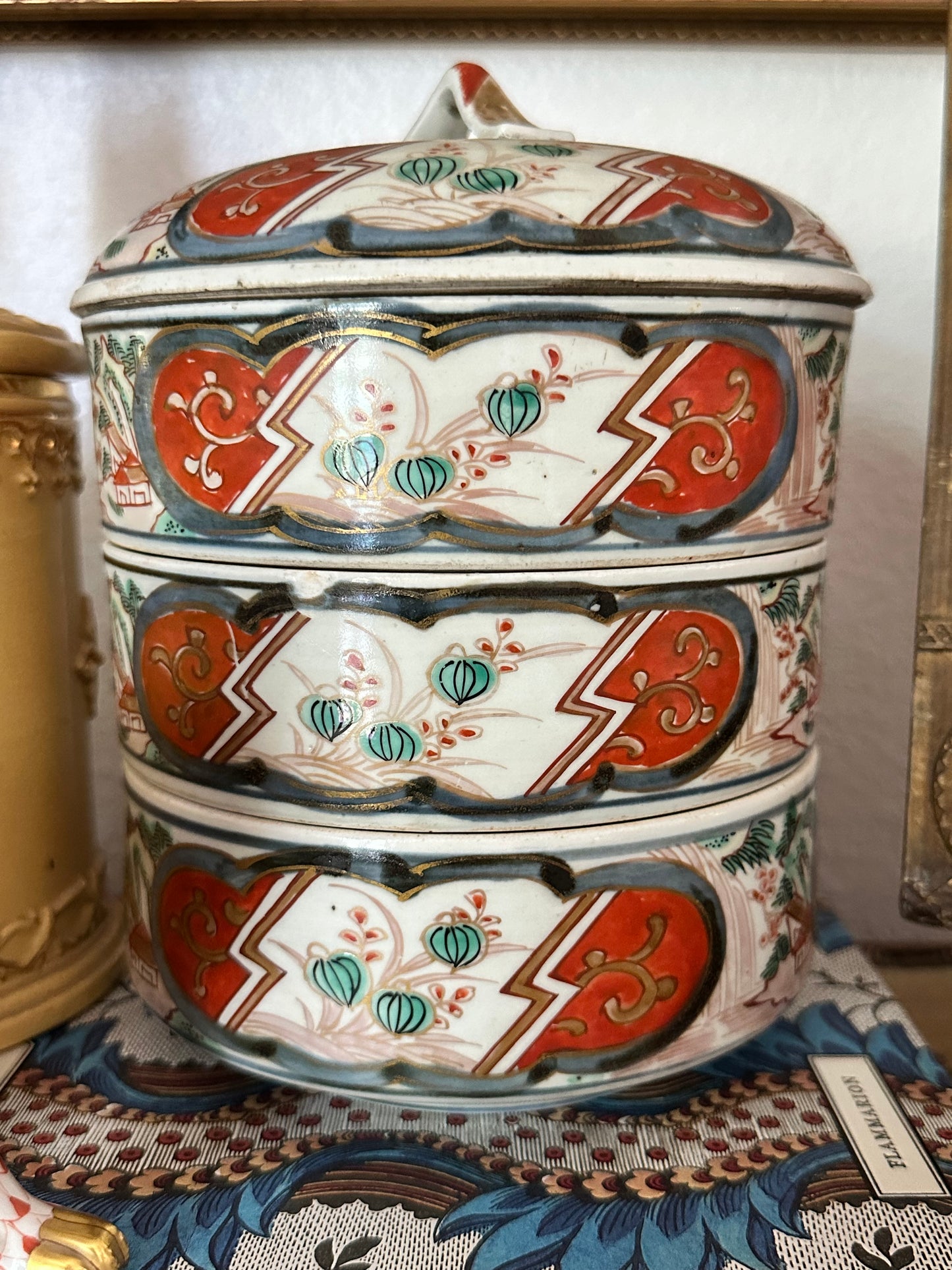 Antique Japanese Imari Three-Tier Jubako Stacking Box with Lid