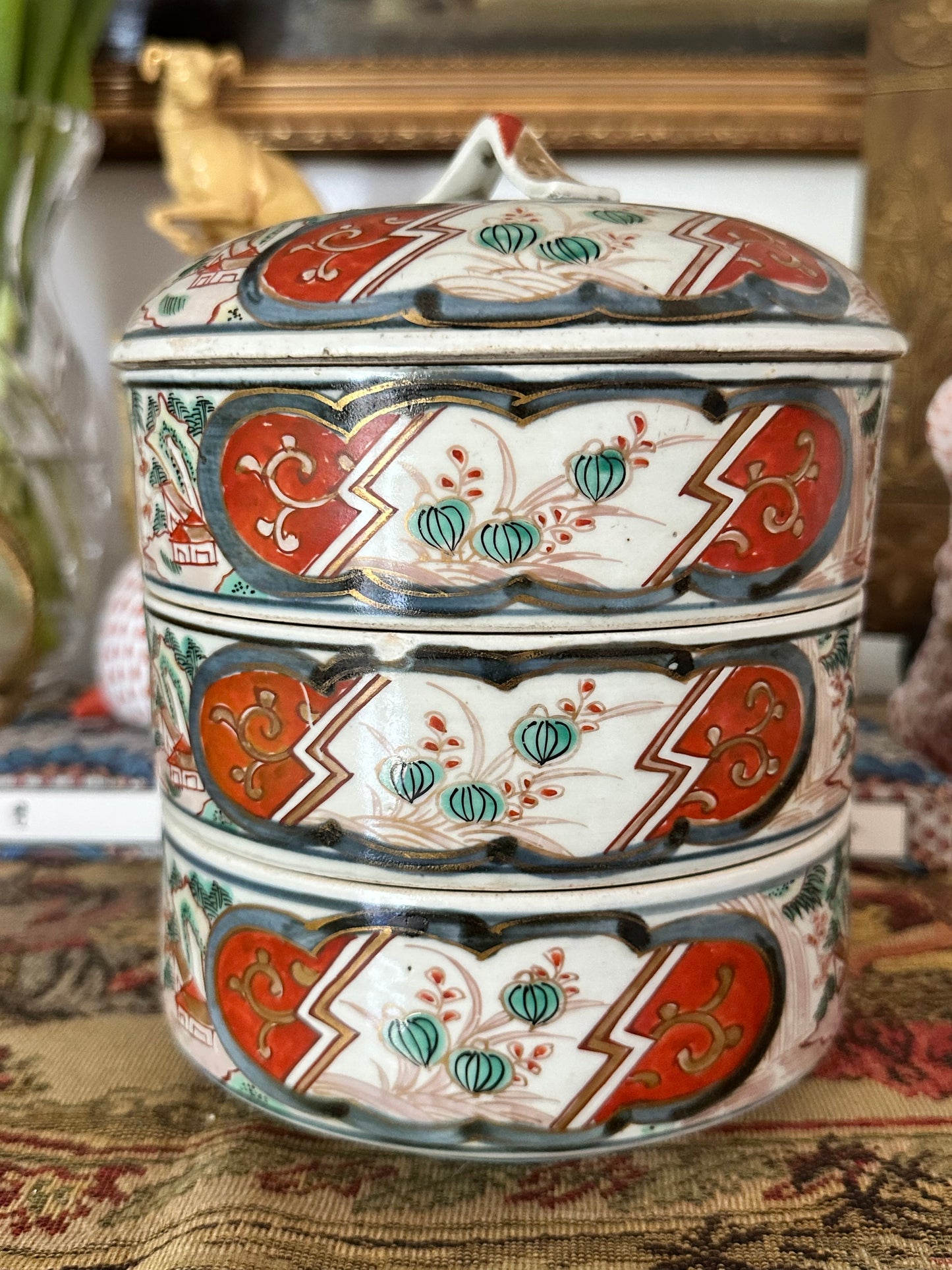 Antique Japanese Imari Three-Tier Jubako Stacking Box with Lid