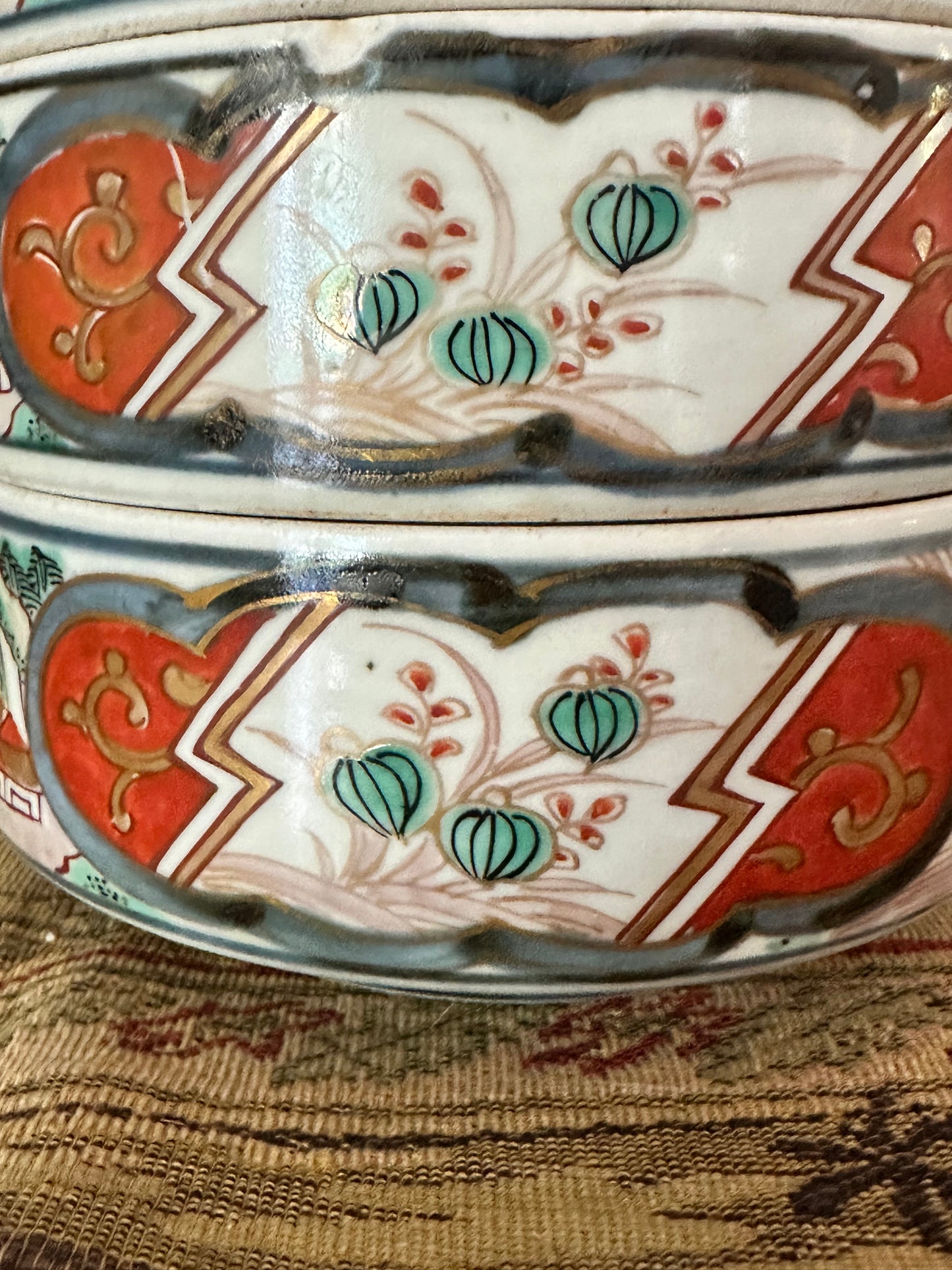 Antique Japanese Imari Three-Tier Jubako Stacking Box with Lid