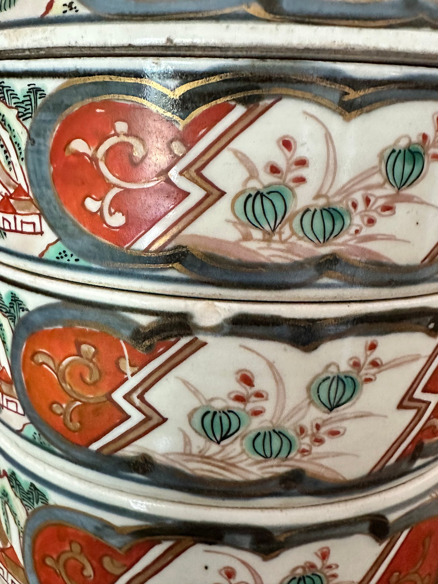 Antique Japanese Imari Three-Tier Jubako Stacking Box with Lid