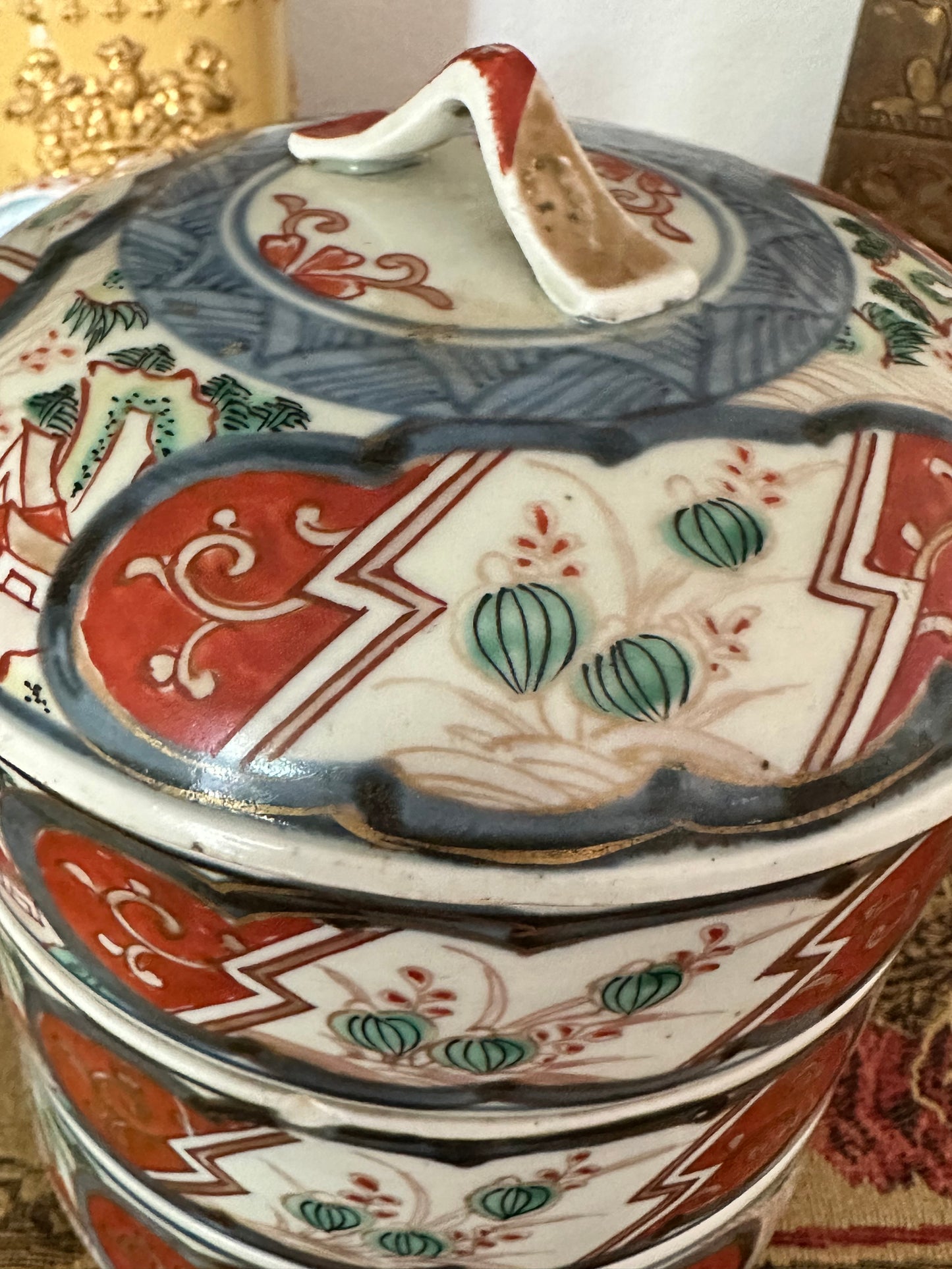 Antique Japanese Imari Three-Tier Jubako Stacking Box with Lid