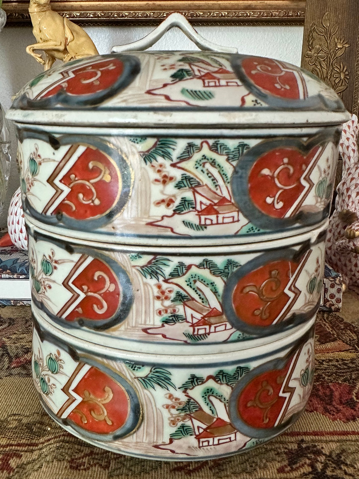 Antique Japanese Imari Three-Tier Jubako Stacking Box with Lid