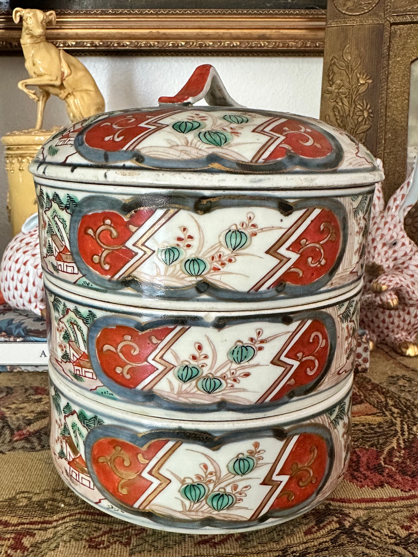 Antique Japanese Imari Three-Tier Jubako Stacking Box with Lid