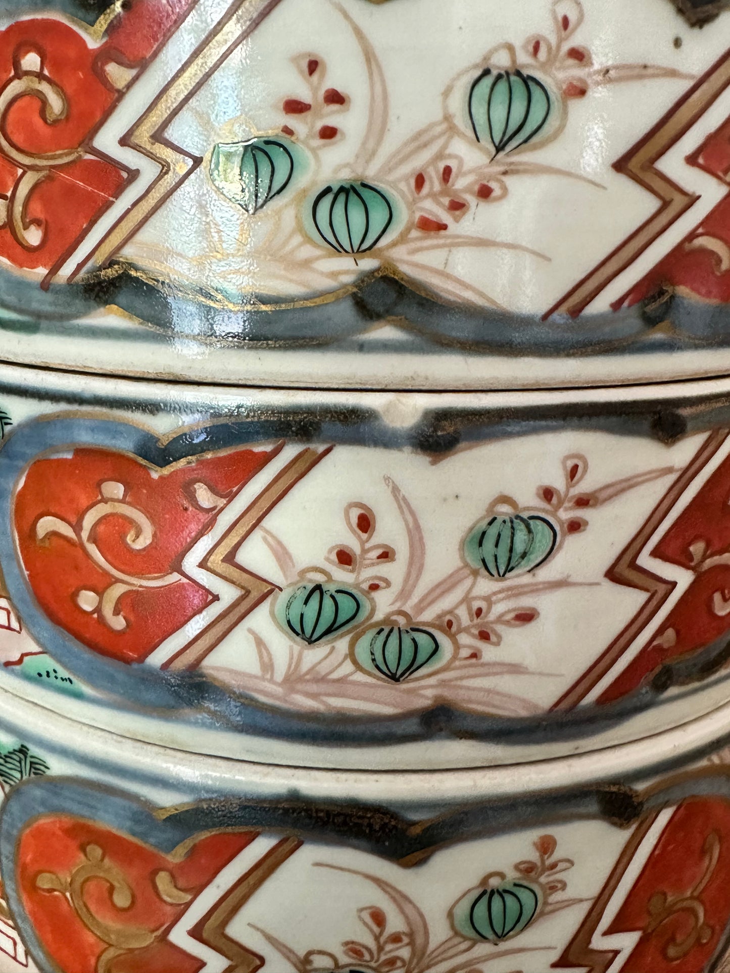 Antique Japanese Imari Three-Tier Jubako Stacking Box with Lid
