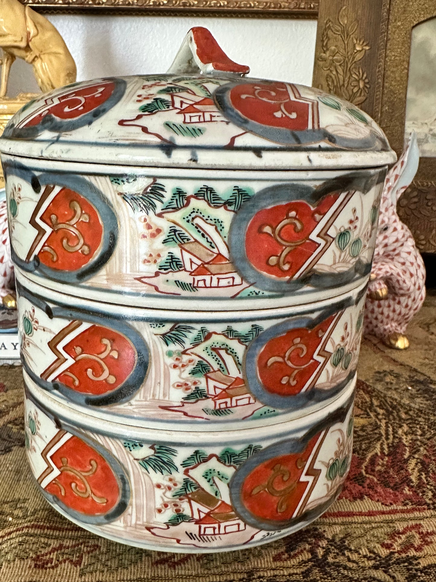 Antique Japanese Imari Three-Tier Jubako Stacking Box with Lid