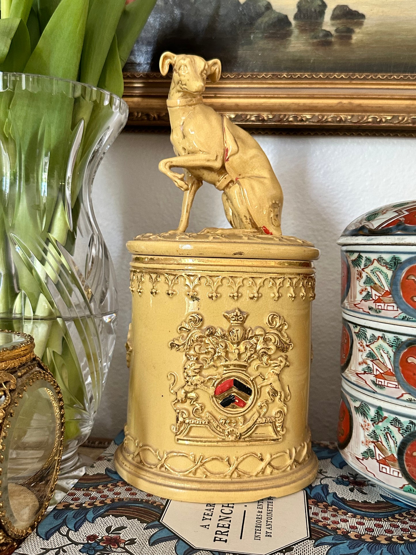 Antique English Earthenware Tobacco Jar with Whippet Finial