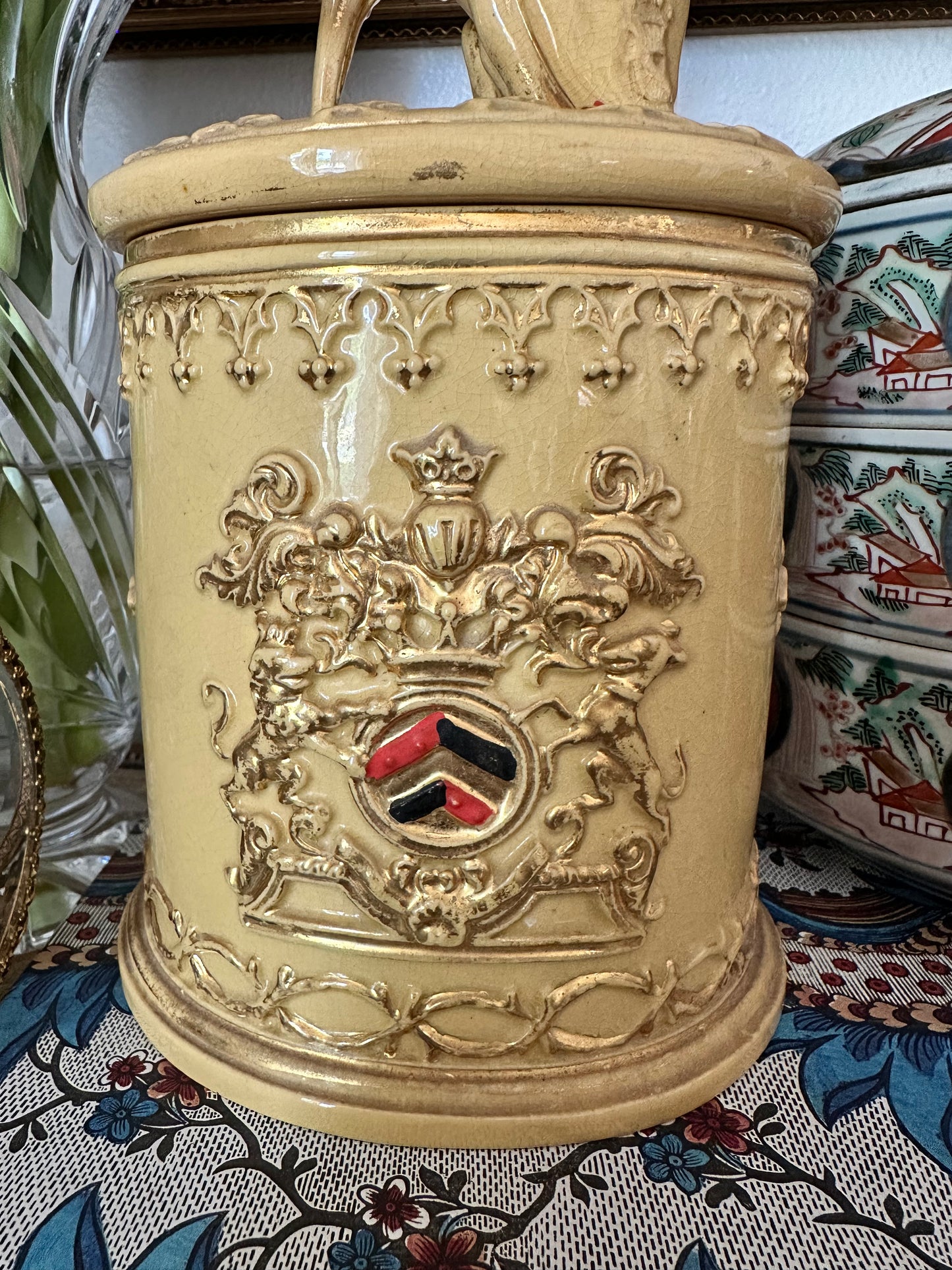 Antique English Earthenware Tobacco Jar with Whippet Finial