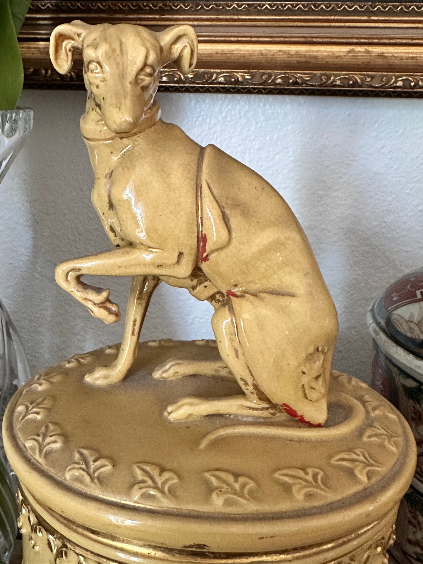 Antique English Earthenware Tobacco Jar with Whippet Finial