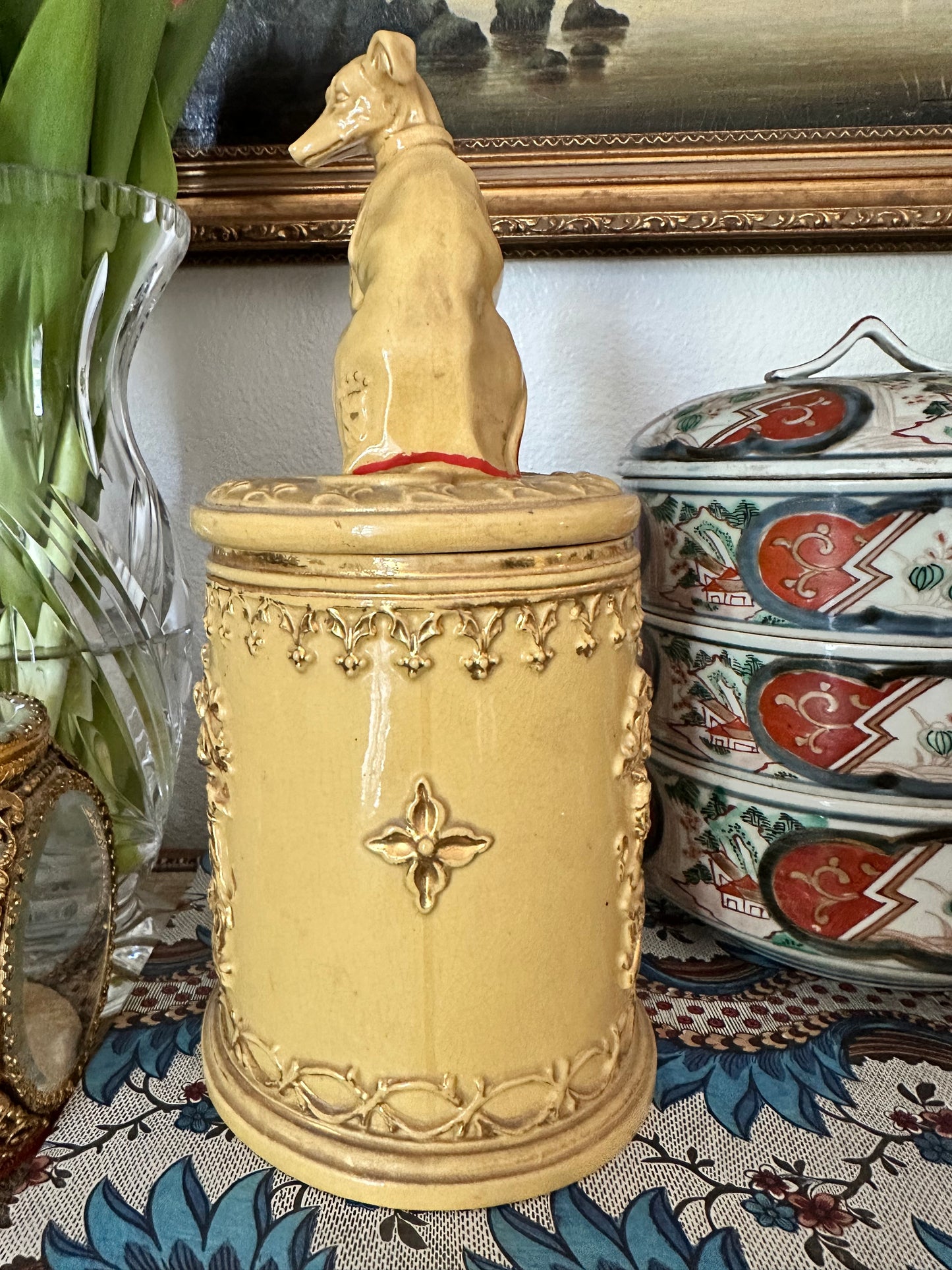 Antique English Earthenware Tobacco Jar with Whippet Finial