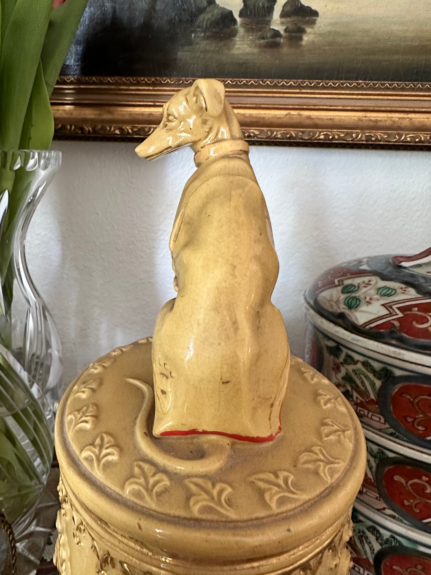 Antique English Earthenware Tobacco Jar with Whippet Finial