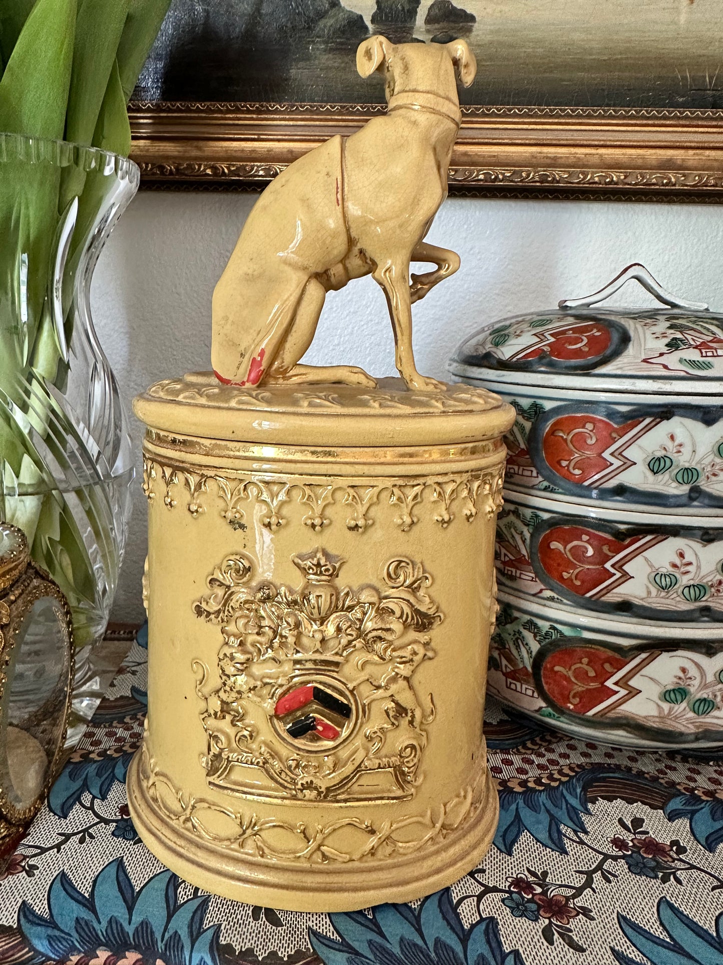 Antique English Earthenware Tobacco Jar with Whippet Finial