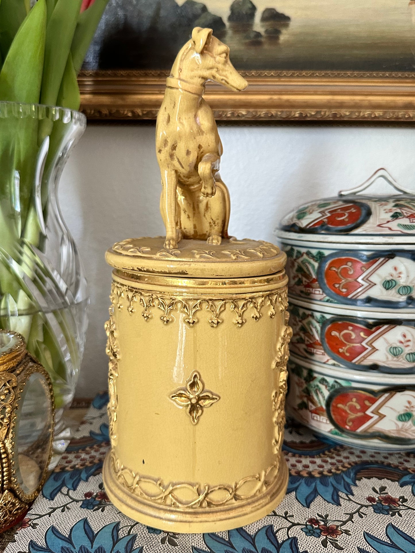 Antique English Earthenware Tobacco Jar with Whippet Finial
