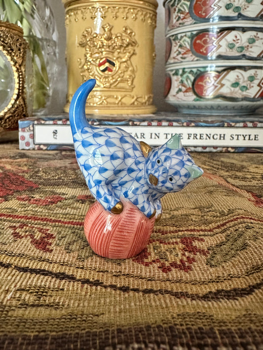 Herend Hand-Painted Blue Fishnet Kitten with Pink Yarn Ball | Miniature Porcelain Figurine