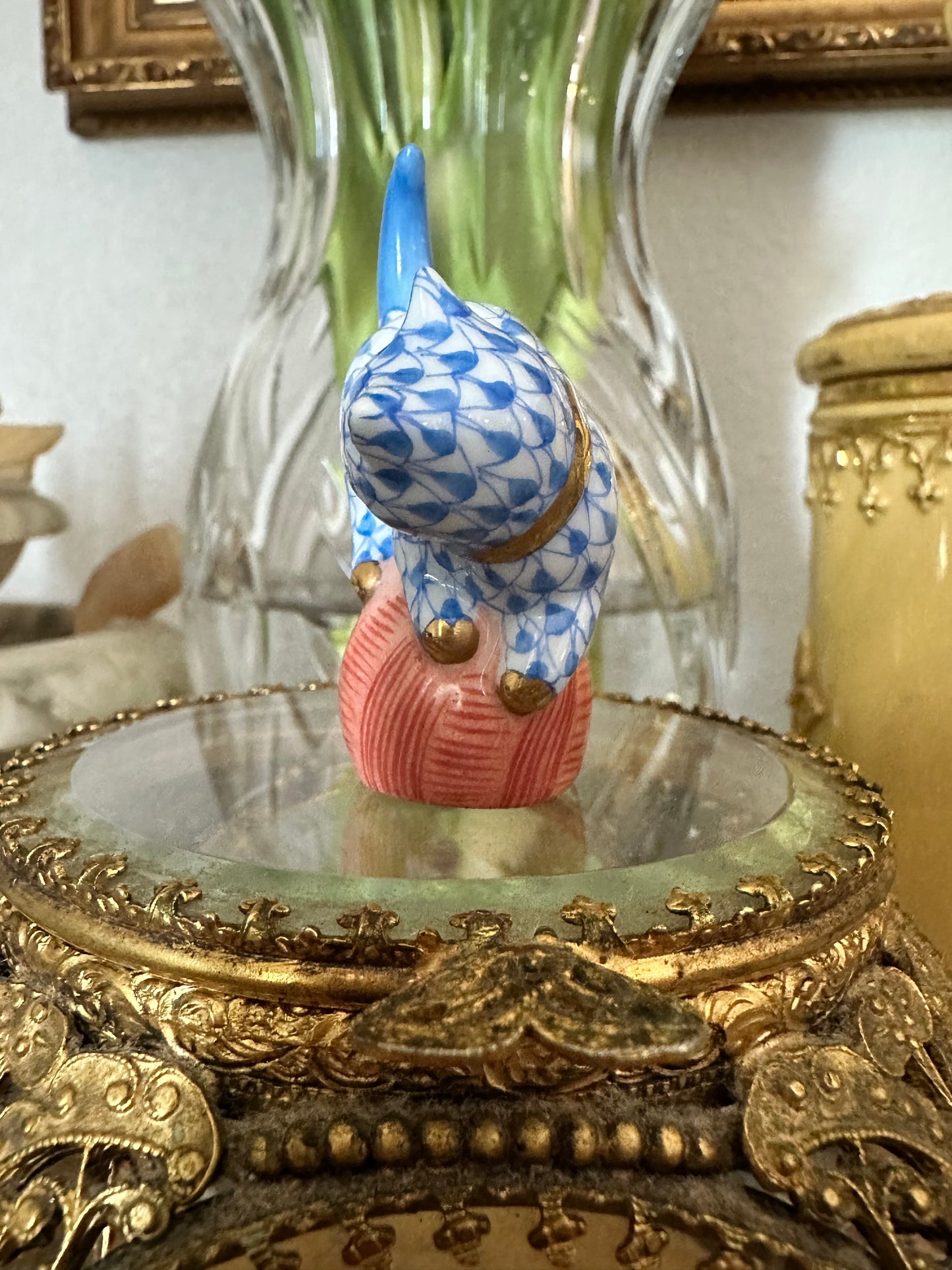 Herend Hand-Painted Blue Fishnet Kitten with Pink Yarn Ball | Miniature Porcelain Figurine
