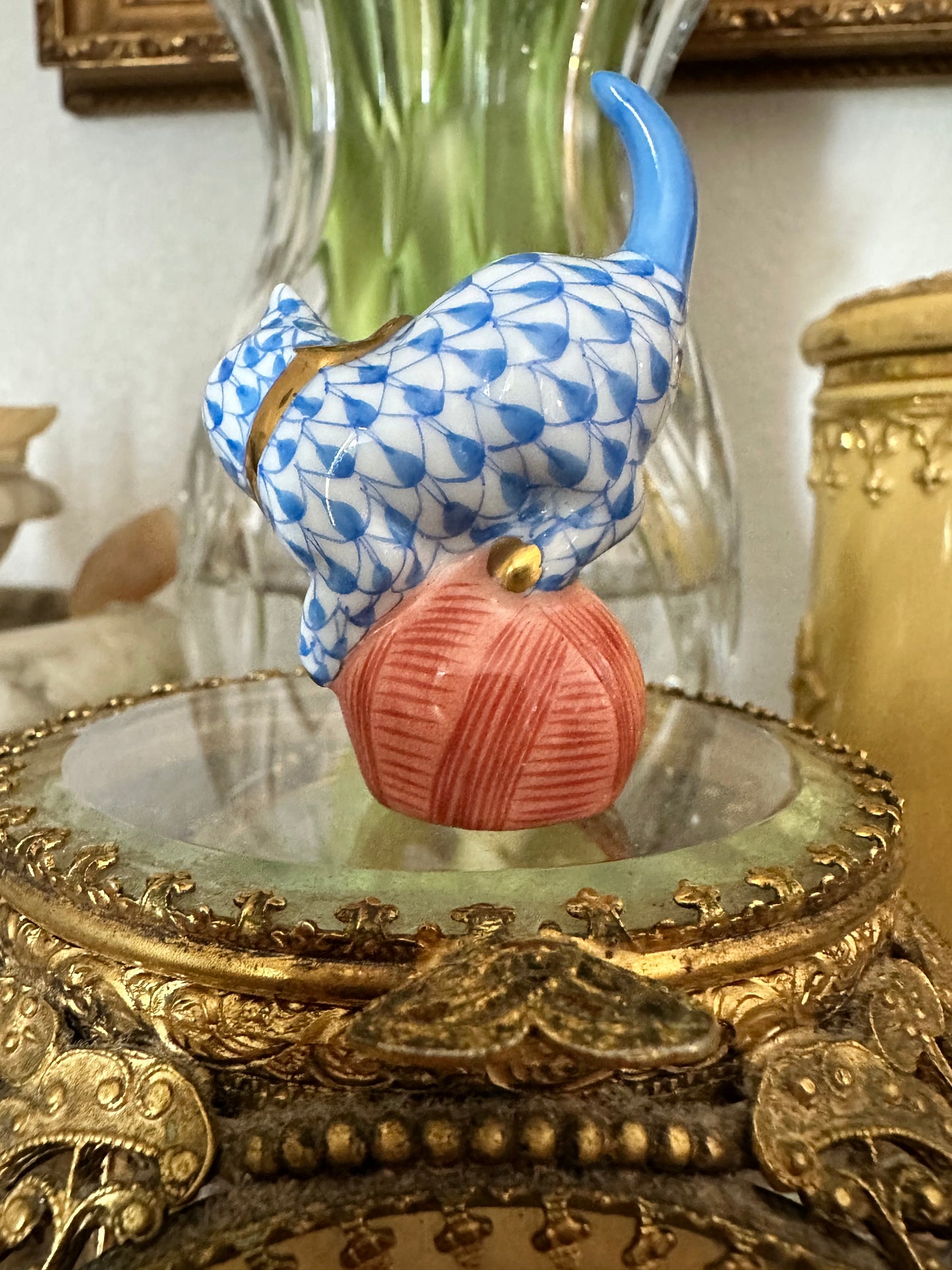 Herend Hand-Painted Blue Fishnet Kitten with Pink Yarn Ball | Miniature Porcelain Figurine