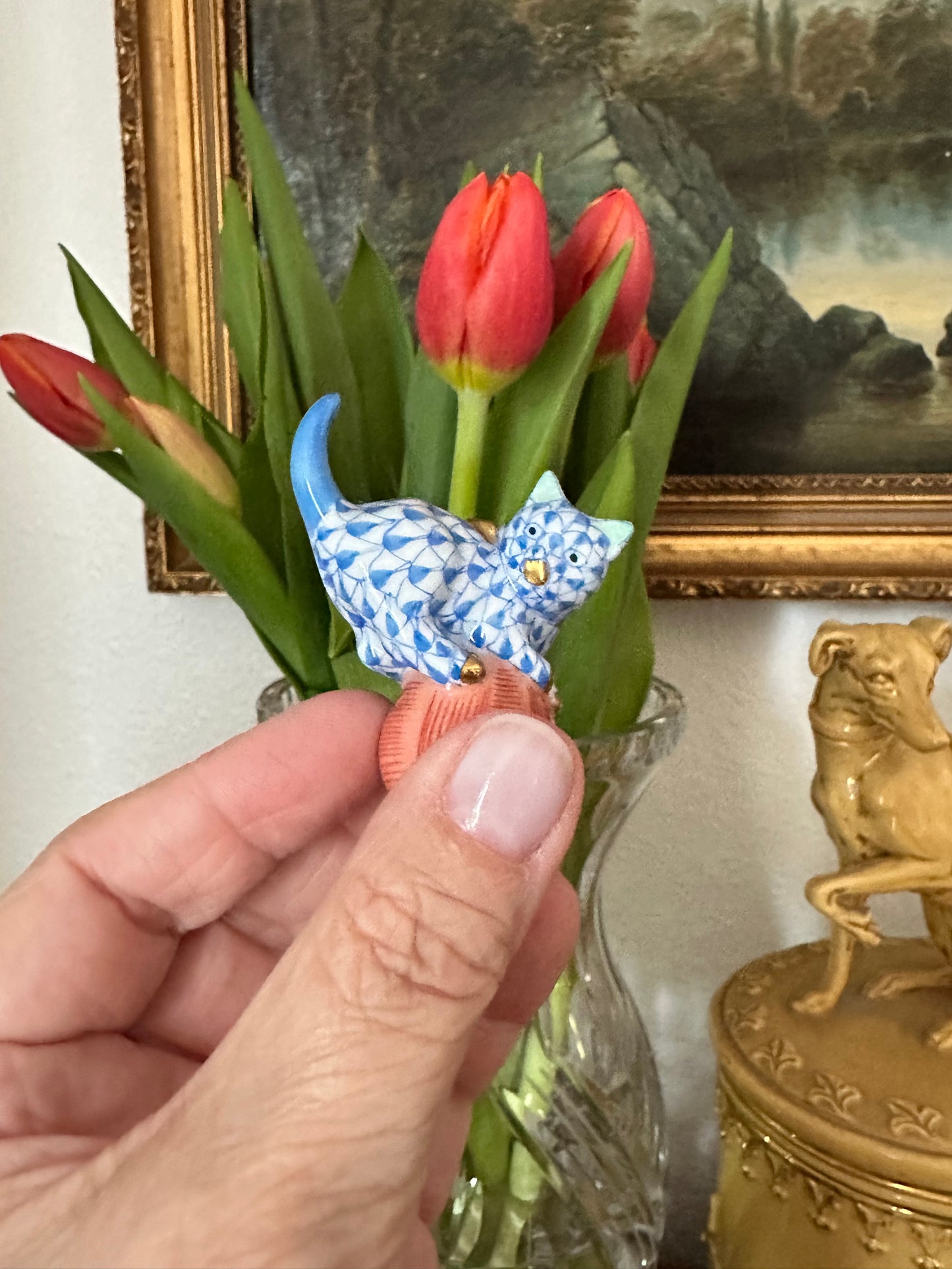 Herend Hand-Painted Blue Fishnet Kitten with Pink Yarn Ball | Miniature Porcelain Figurine