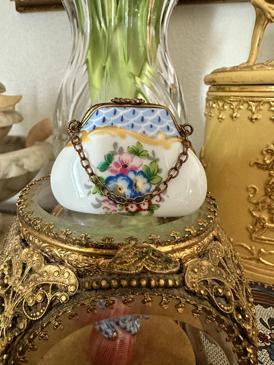 Antique French Limoges Porcelain Miniature Handbag Trinket Box with Brass Mount