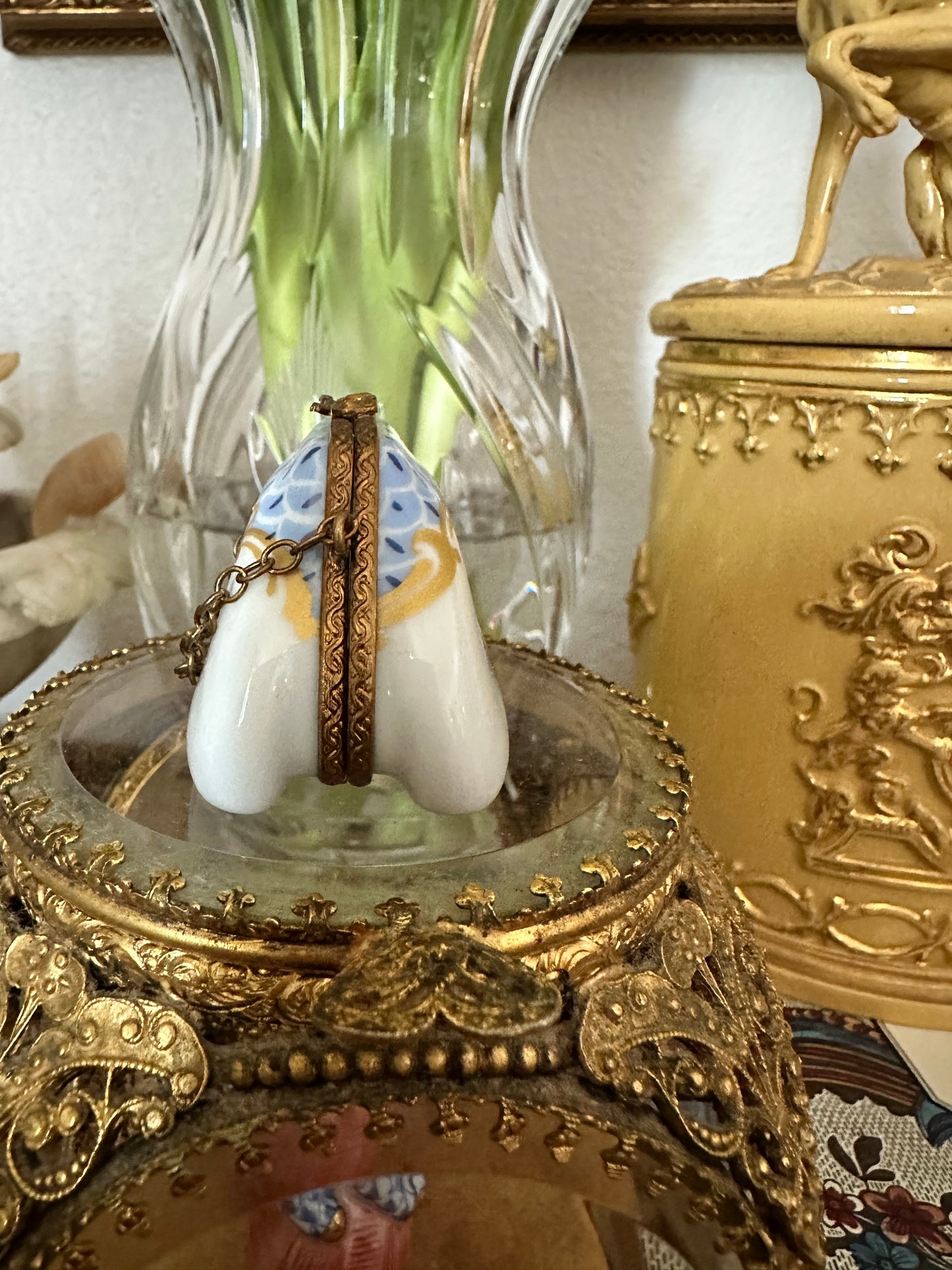 Antique French Limoges Porcelain Miniature Handbag Trinket Box with Brass Mount