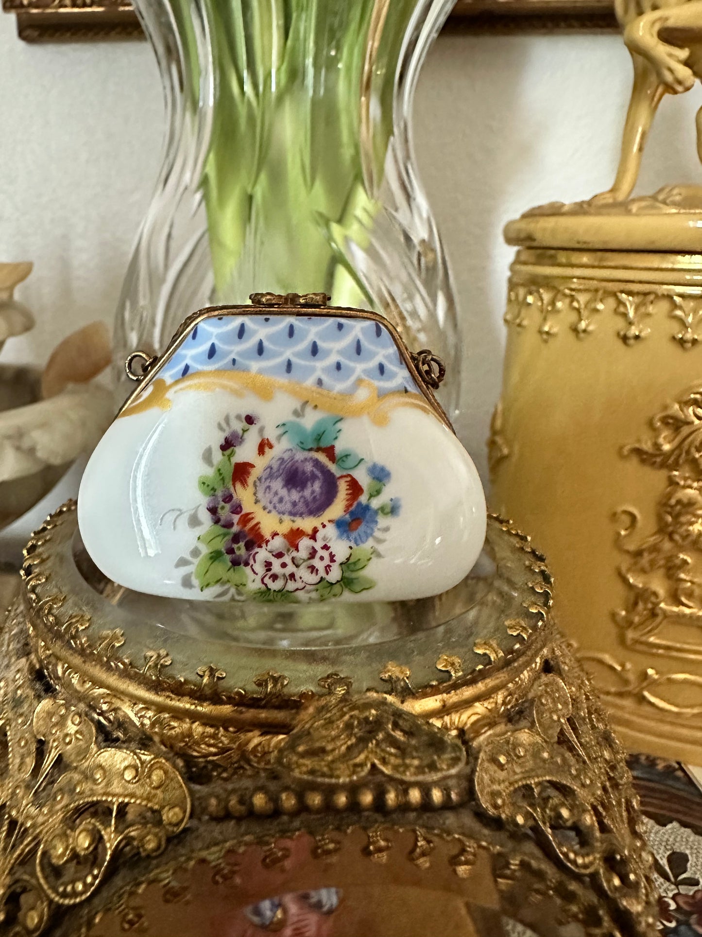 Antique French Limoges Porcelain Miniature Handbag Trinket Box with Brass Mount