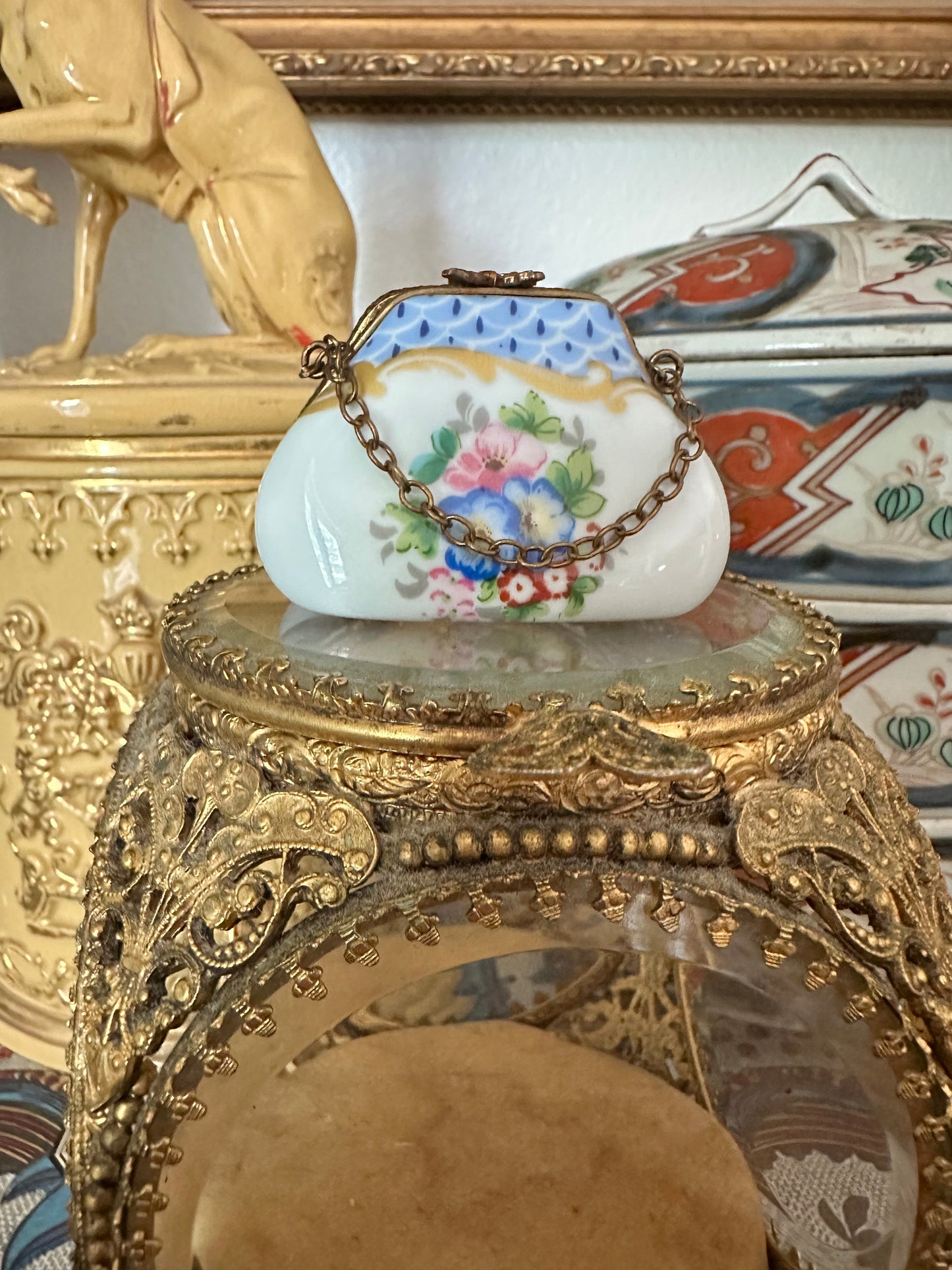 Antique French Limoges Porcelain Miniature Handbag Trinket Box with Brass Mount