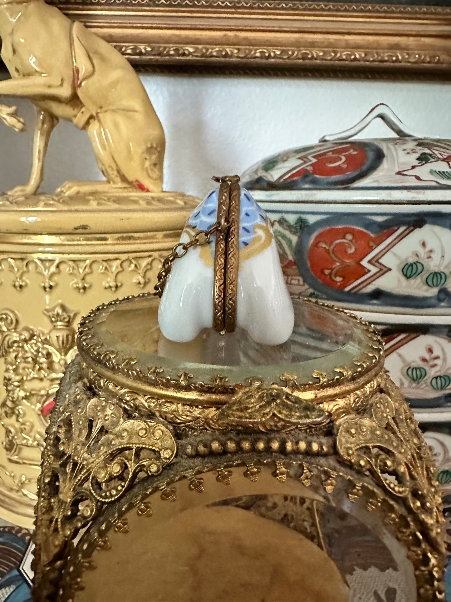 Antique French Limoges Porcelain Miniature Handbag Trinket Box with Brass Mount