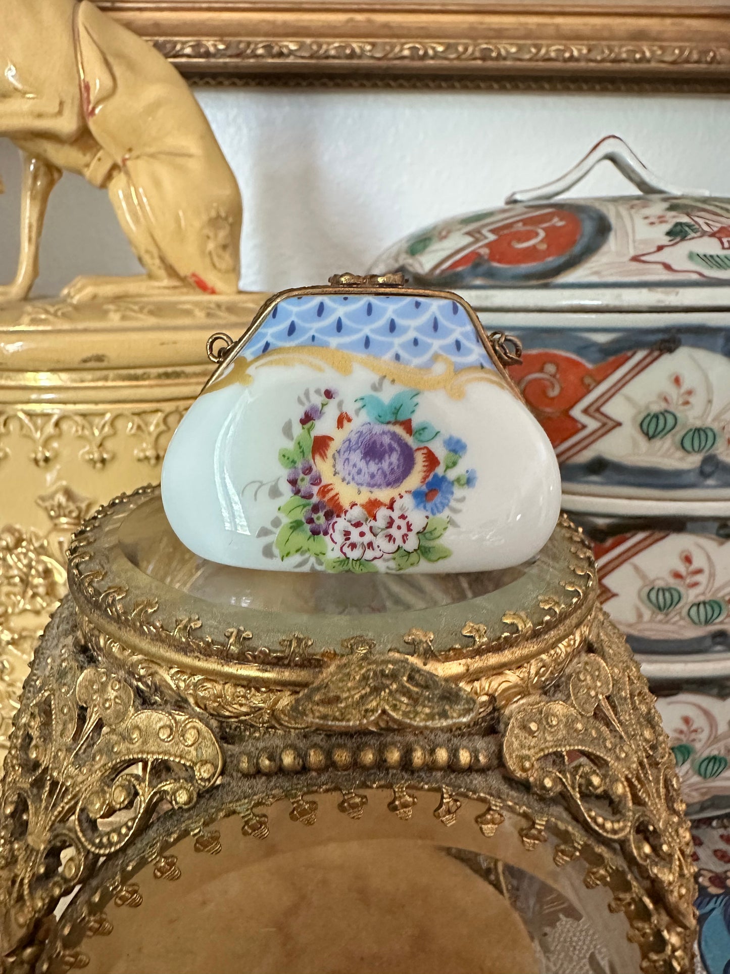 Antique French Limoges Porcelain Miniature Handbag Trinket Box with Brass Mount