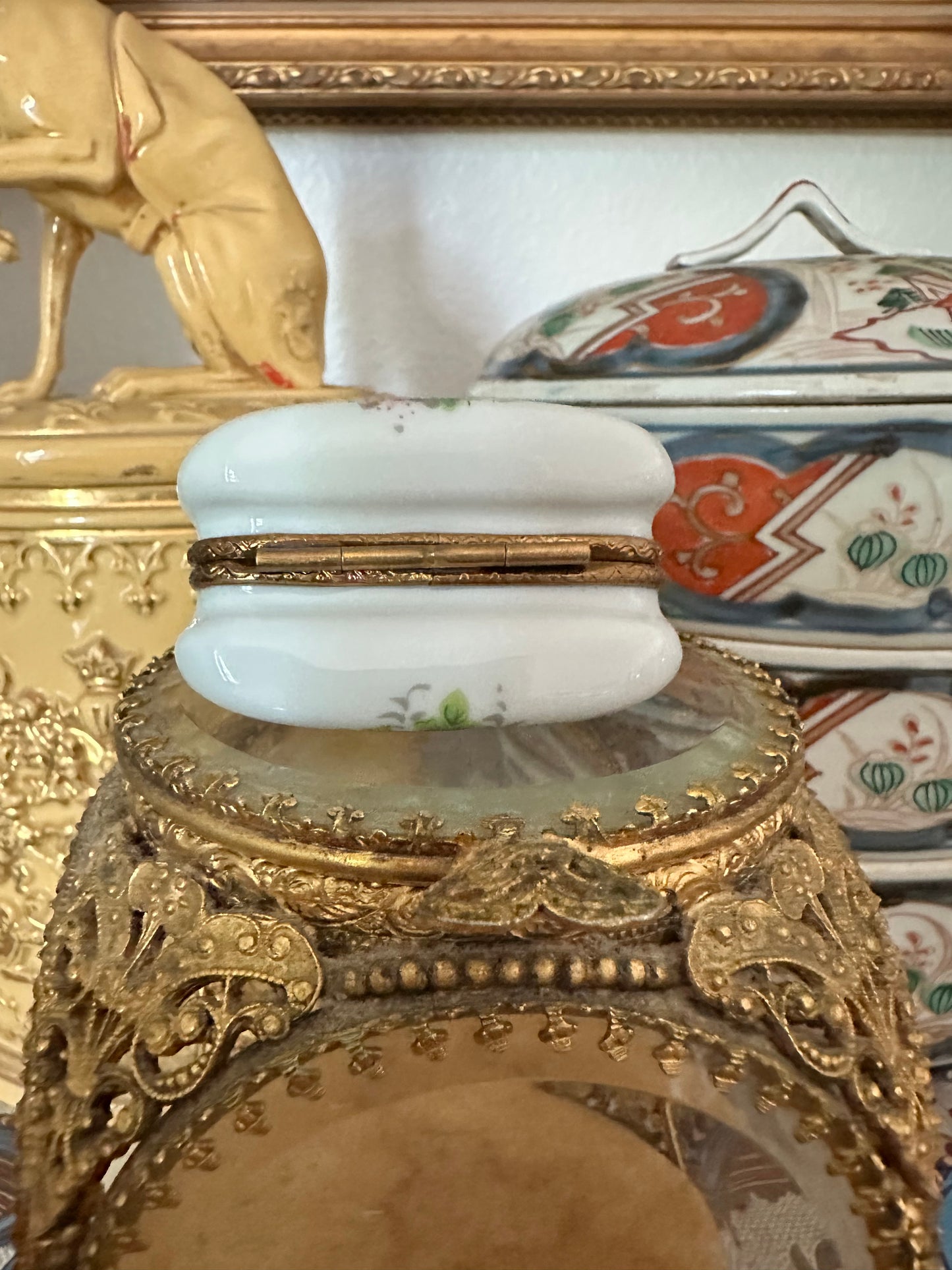 Antique French Limoges Porcelain Miniature Handbag Trinket Box with Brass Mount