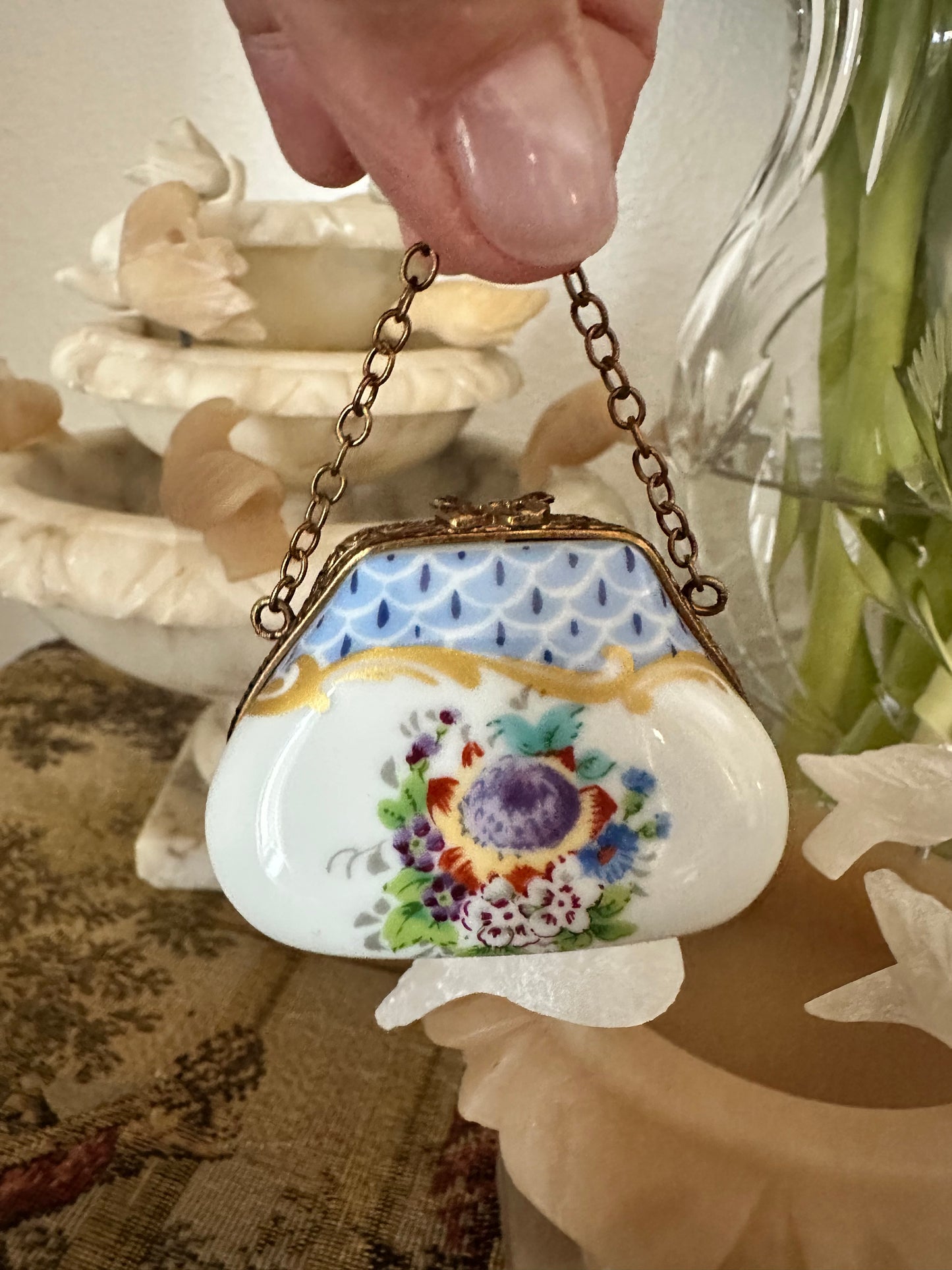 Antique French Limoges Porcelain Miniature Handbag Trinket Box with Brass Mount