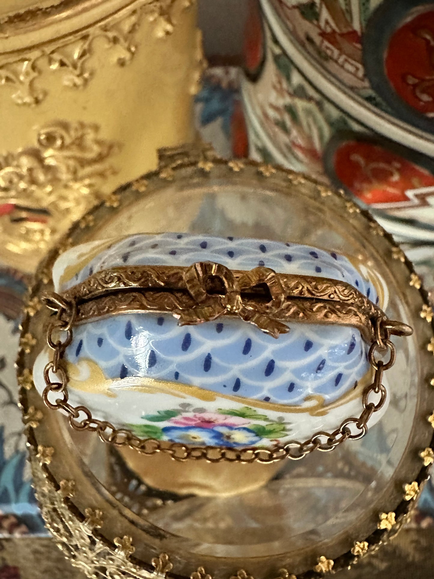 Antique French Limoges Porcelain Miniature Handbag Trinket Box with Brass Mount