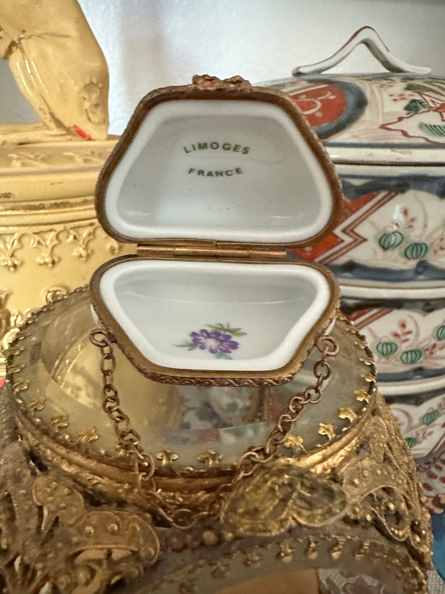 Antique French Limoges Porcelain Miniature Handbag Trinket Box with Brass Mount