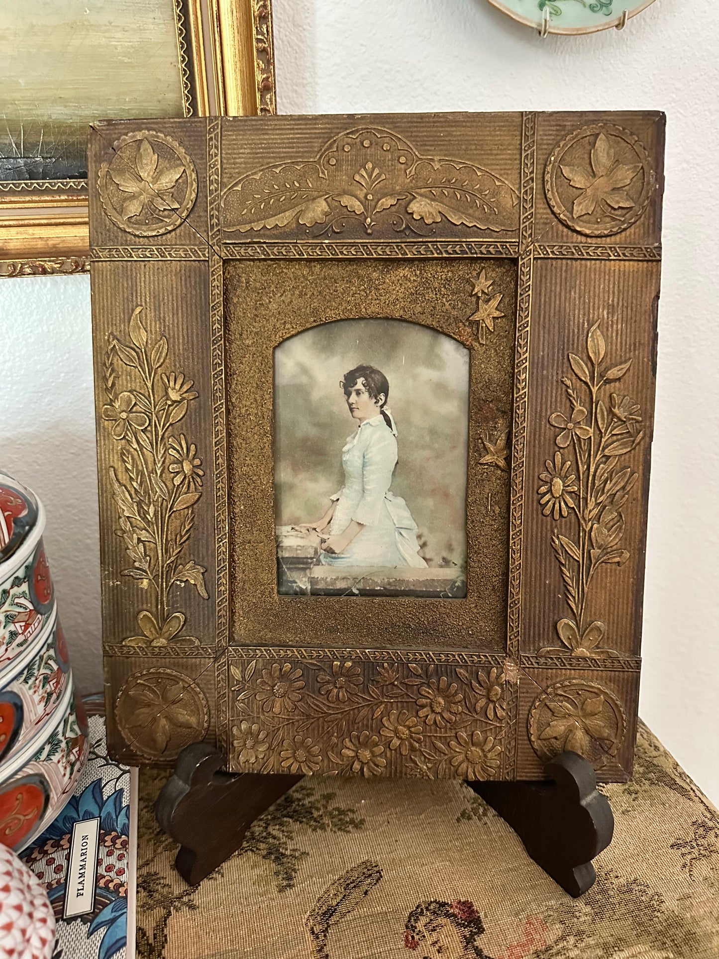 Antique Victorian Embossed Gesso Picture Frame with Color Lithograph Portrait | 12" x 10"