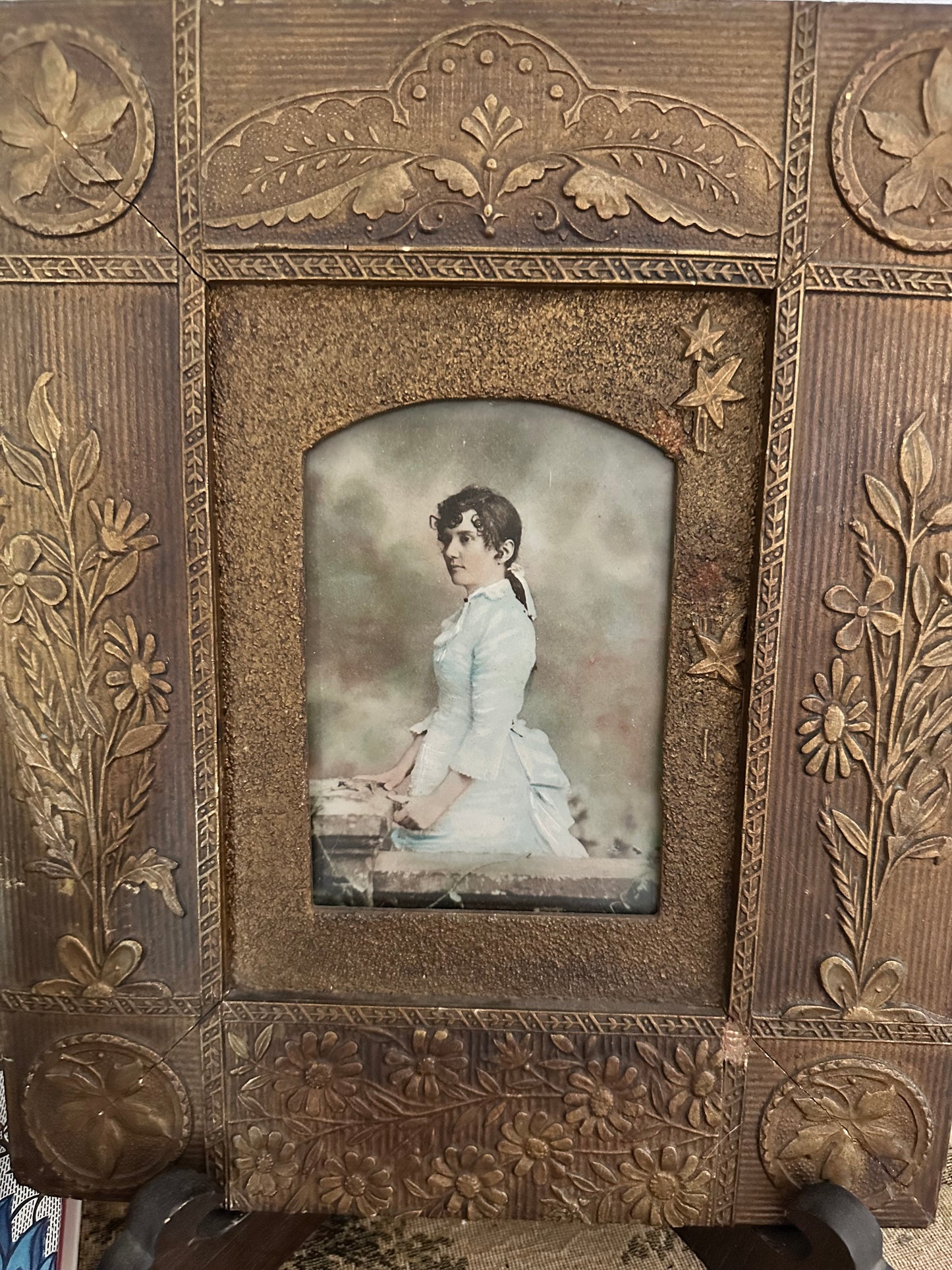Antique Victorian Embossed Gesso Picture Frame with Color Lithograph Portrait | 12" x 10"