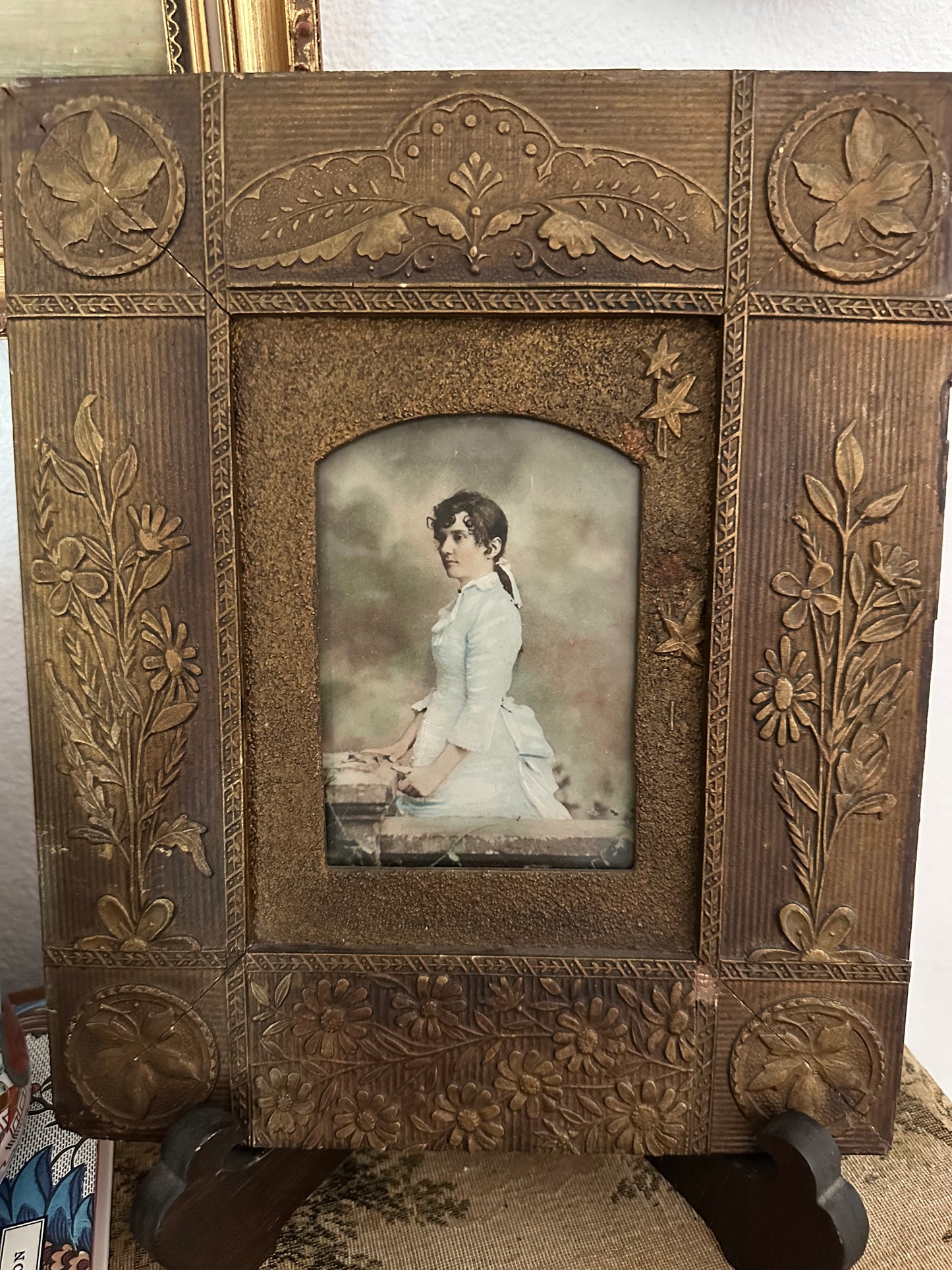 Antique Victorian Embossed Gesso Picture Frame with Color Lithograph Portrait | 12" x 10"