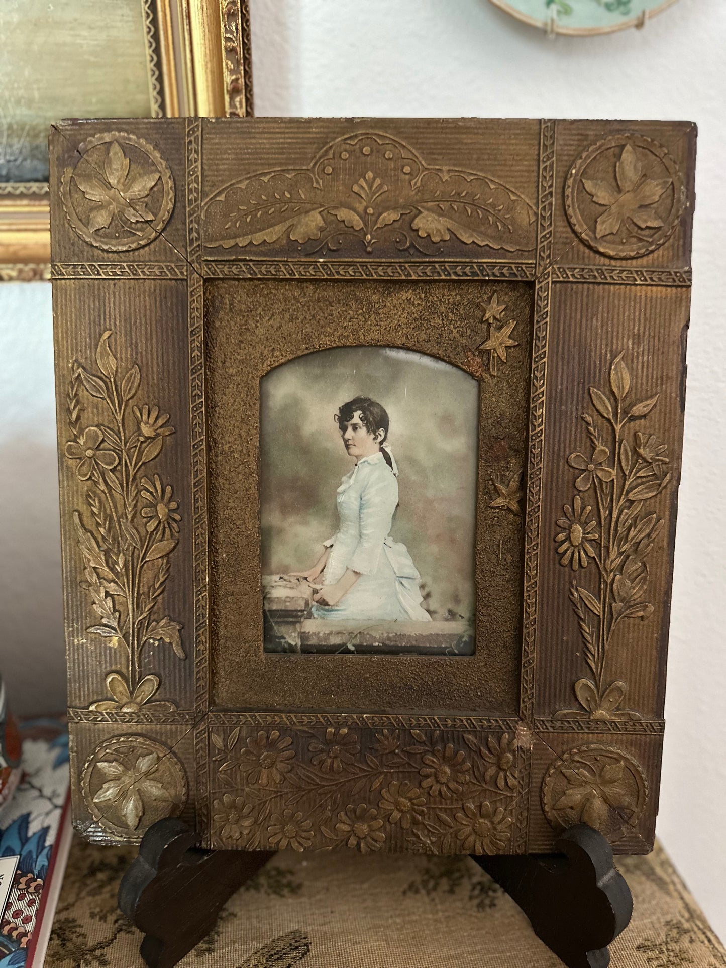 Antique Victorian Embossed Gesso Picture Frame with Color Lithograph Portrait | 12" x 10"