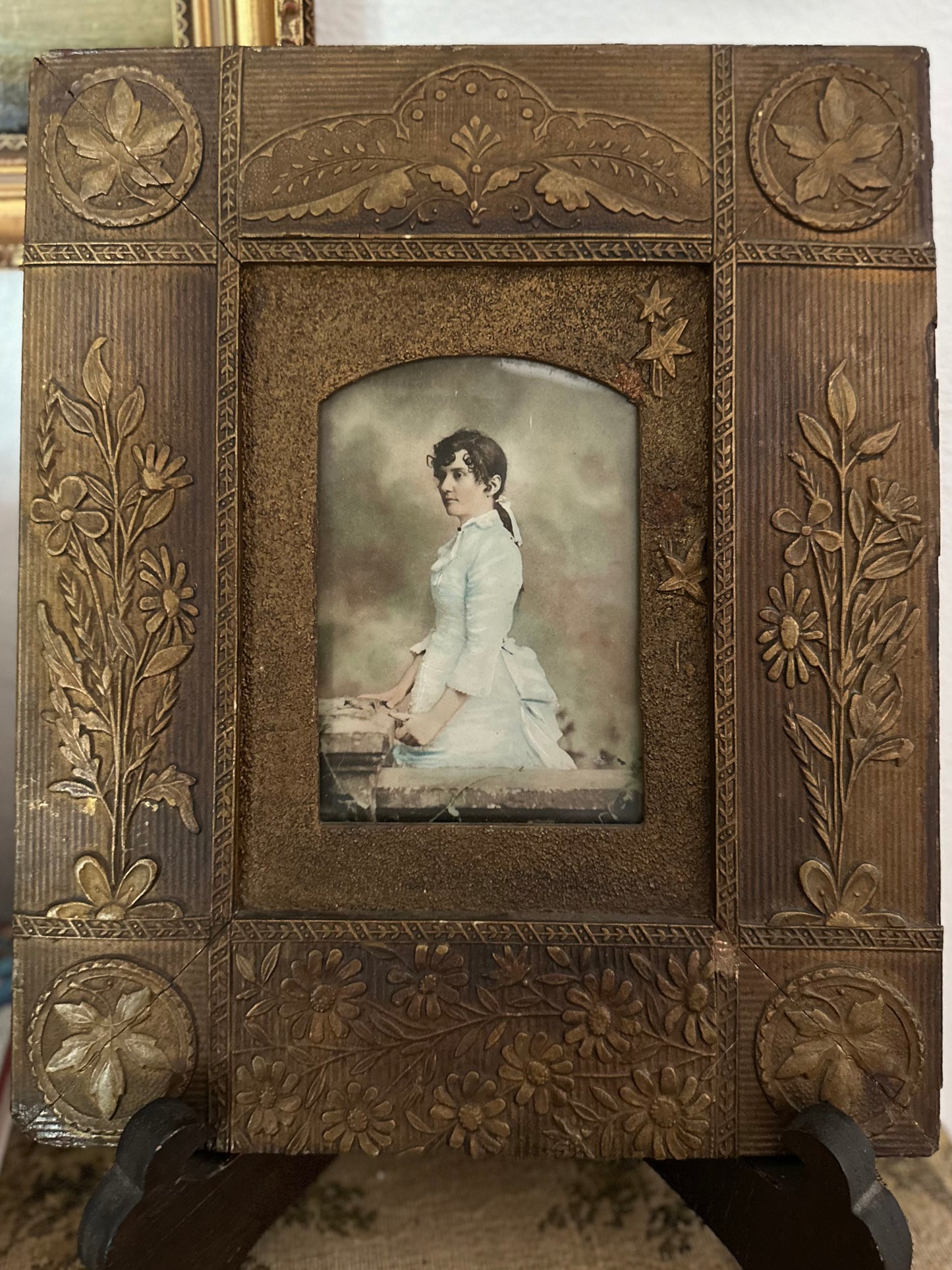 Antique Victorian Embossed Gesso Picture Frame with Color Lithograph Portrait | 12" x 10"