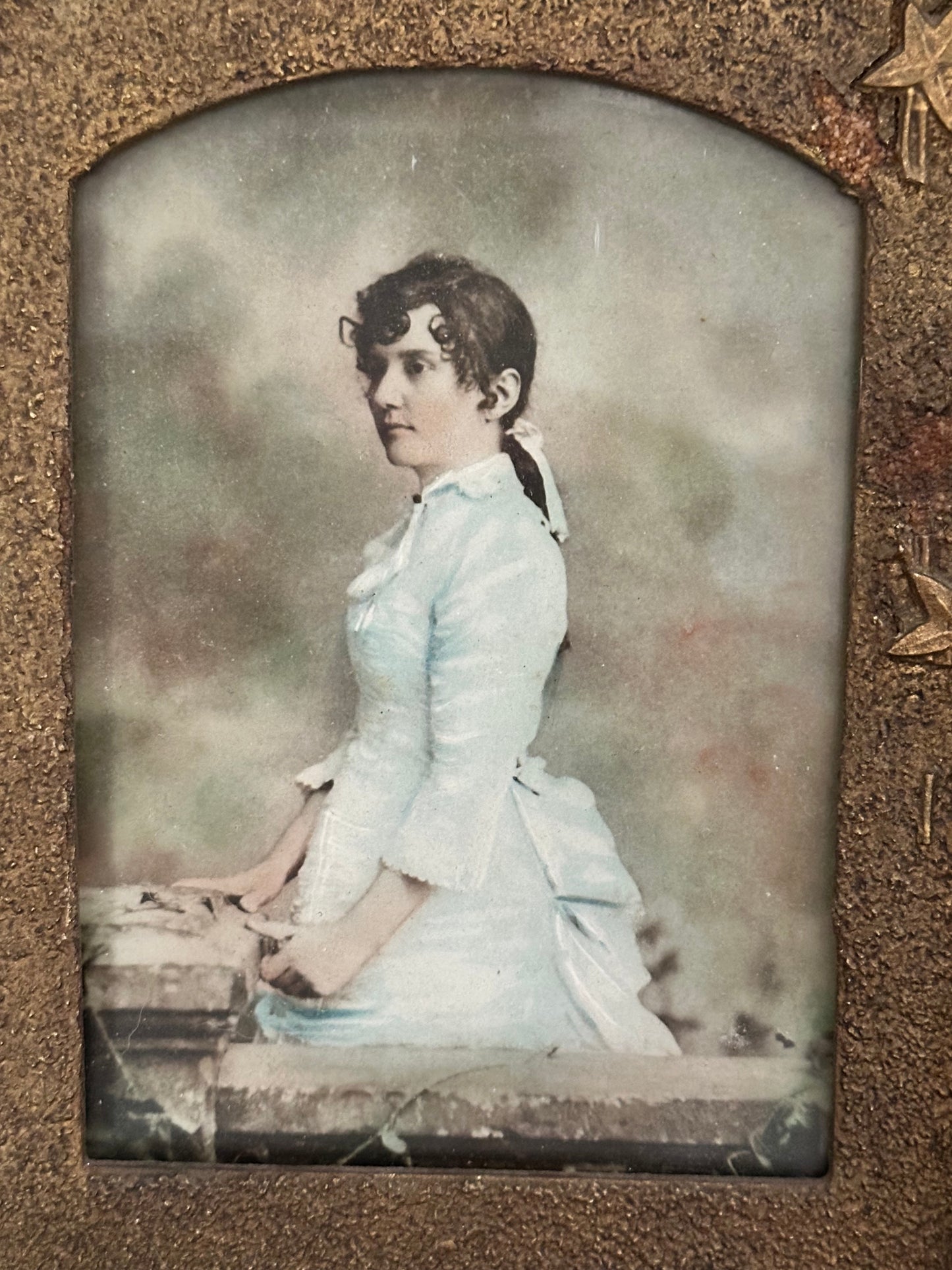 Antique Victorian Embossed Gesso Picture Frame with Color Lithograph Portrait | 12" x 10"