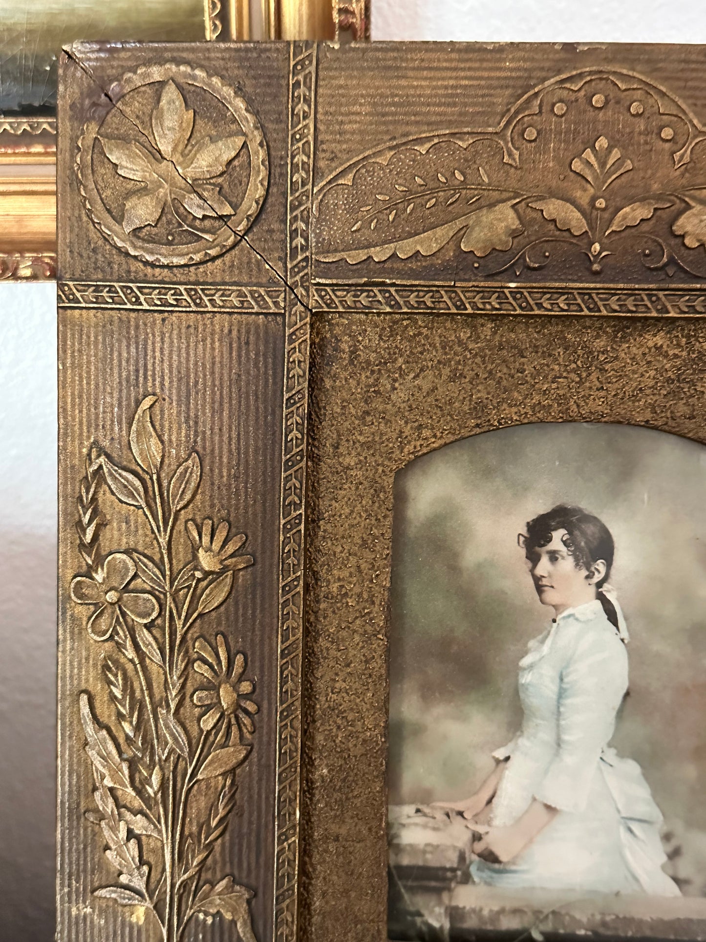 Antique Victorian Embossed Gesso Picture Frame with Color Lithograph Portrait | 12" x 10"