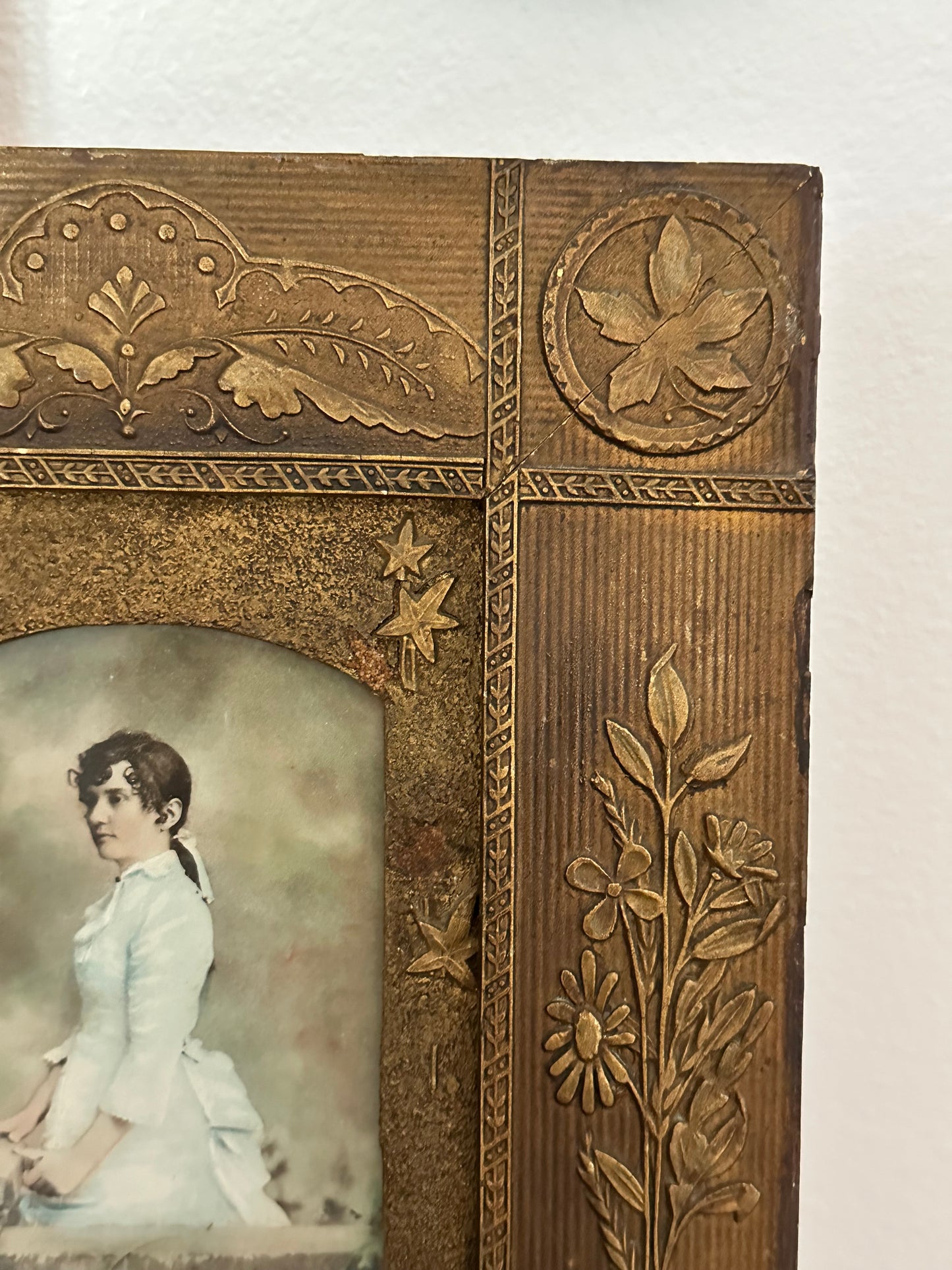 Antique Victorian Embossed Gesso Picture Frame with Color Lithograph Portrait | 12" x 10"