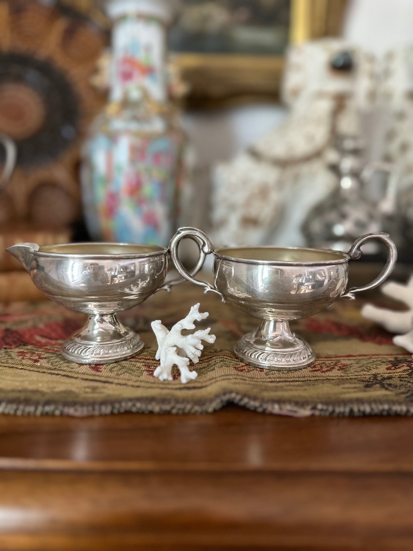 Vintage Sterling Silver Weighted Creamer & Open Sugar Bowl Set | Pedestal Footed Pair