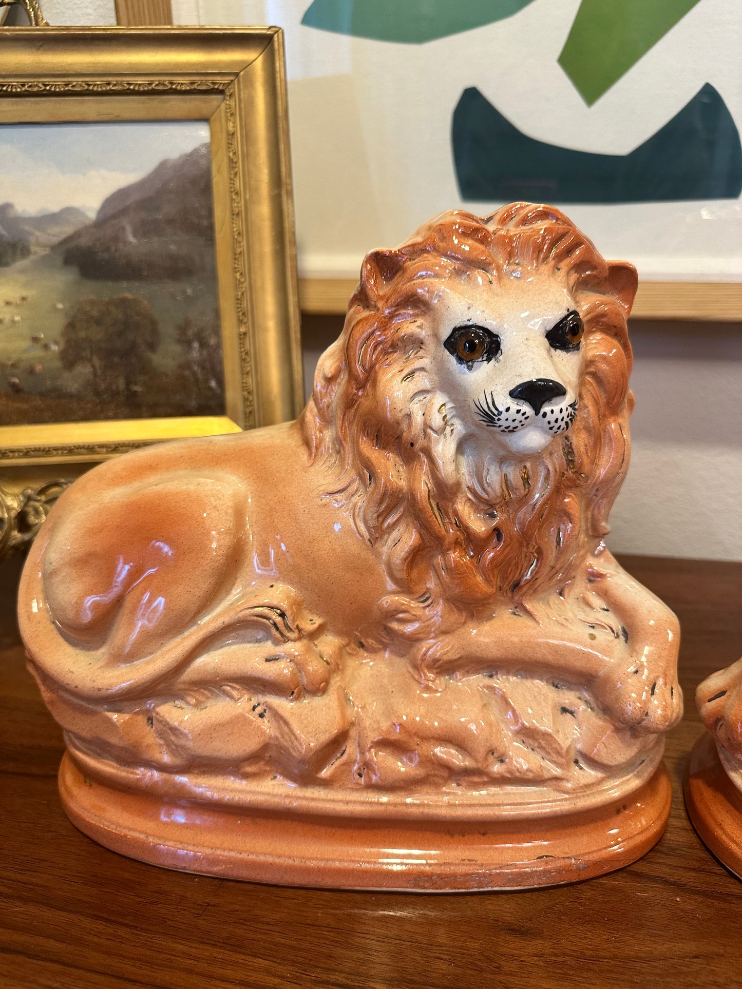 Pair of Antique English Staffordshire Recumbent Lions, Late 19th Century