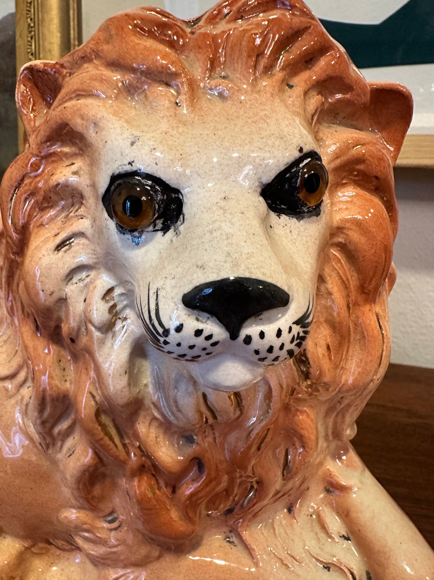 Pair of Antique English Staffordshire Recumbent Lions, Late 19th Century