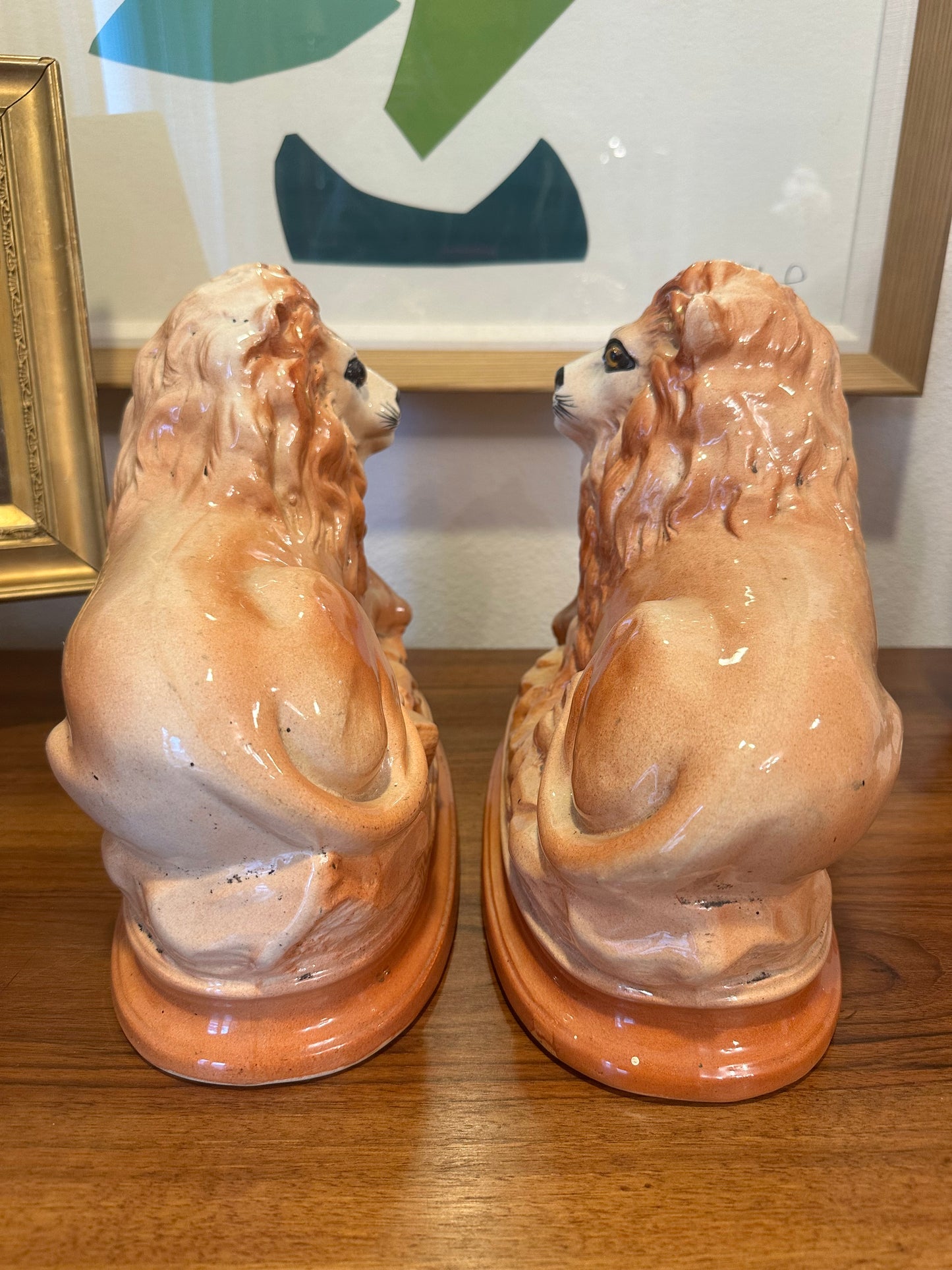 Pair of Antique English Staffordshire Recumbent Lions, Late 19th Century