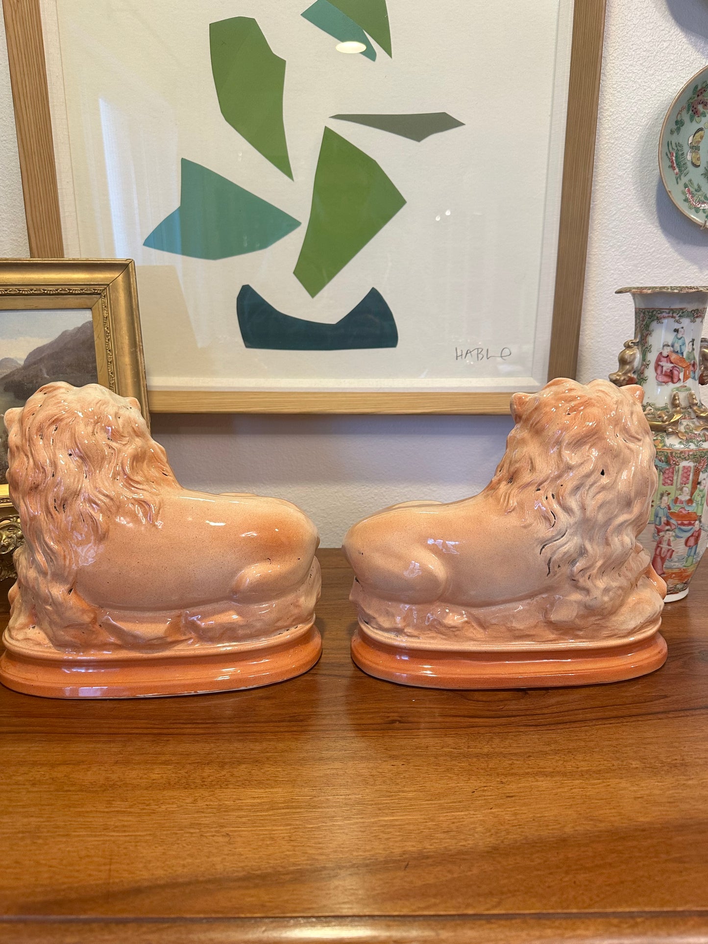 Pair of Antique English Staffordshire Recumbent Lions, Late 19th Century