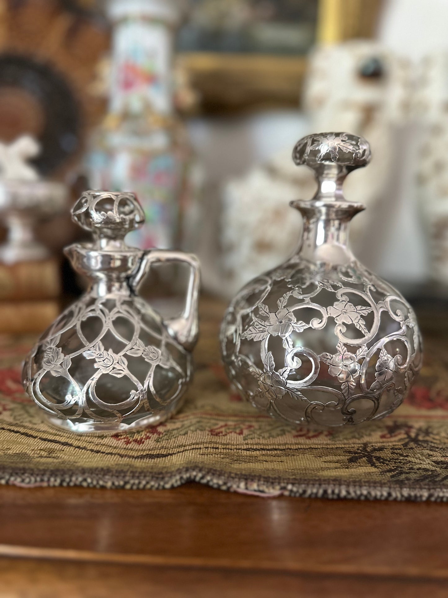 Antique Sterling Overlay Glass Perfume Bottle or Cruet - Sold Separately