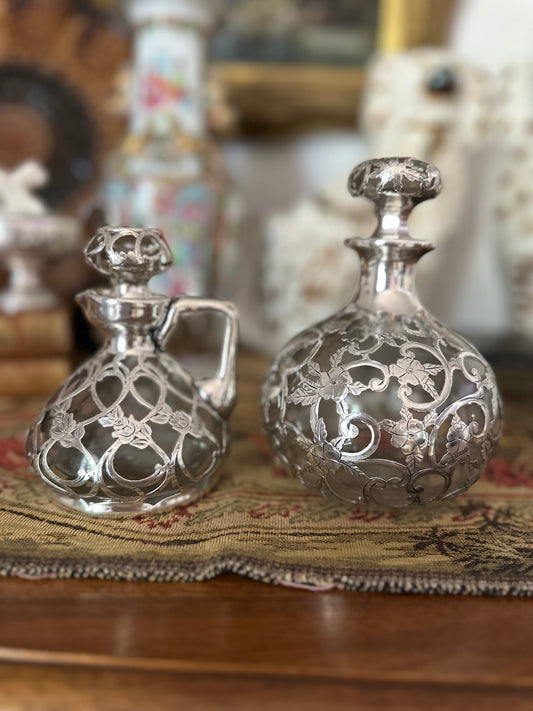 Antique Sterling Overlay Glass Perfume Bottle or Cruet - Sold Separately