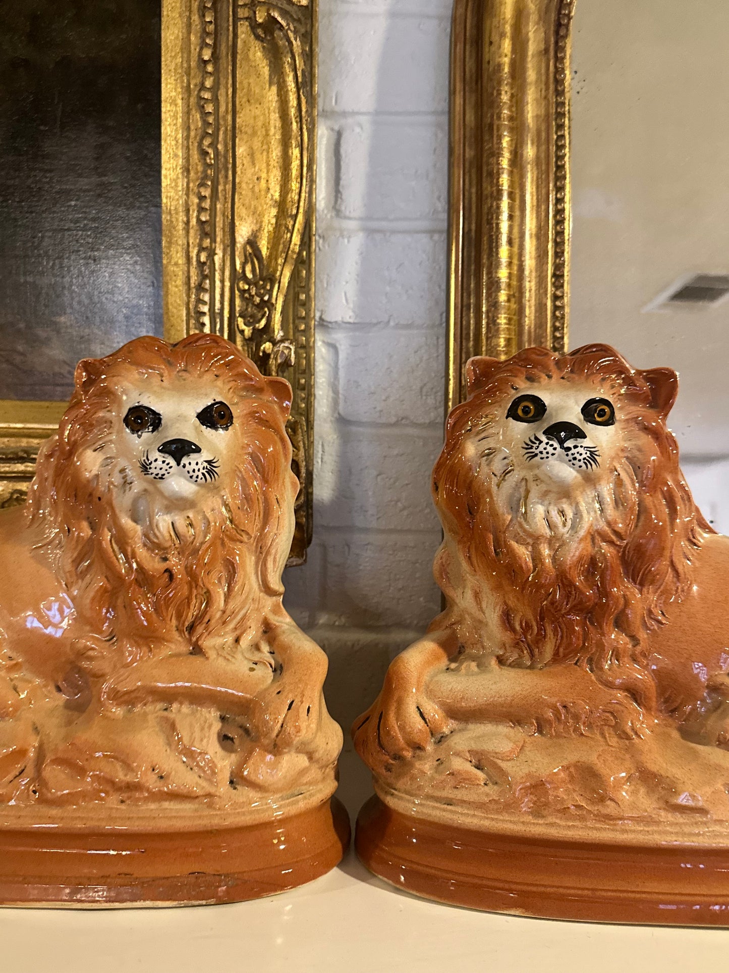 Pair of Antique English Staffordshire Recumbent Lions, Late 19th Century