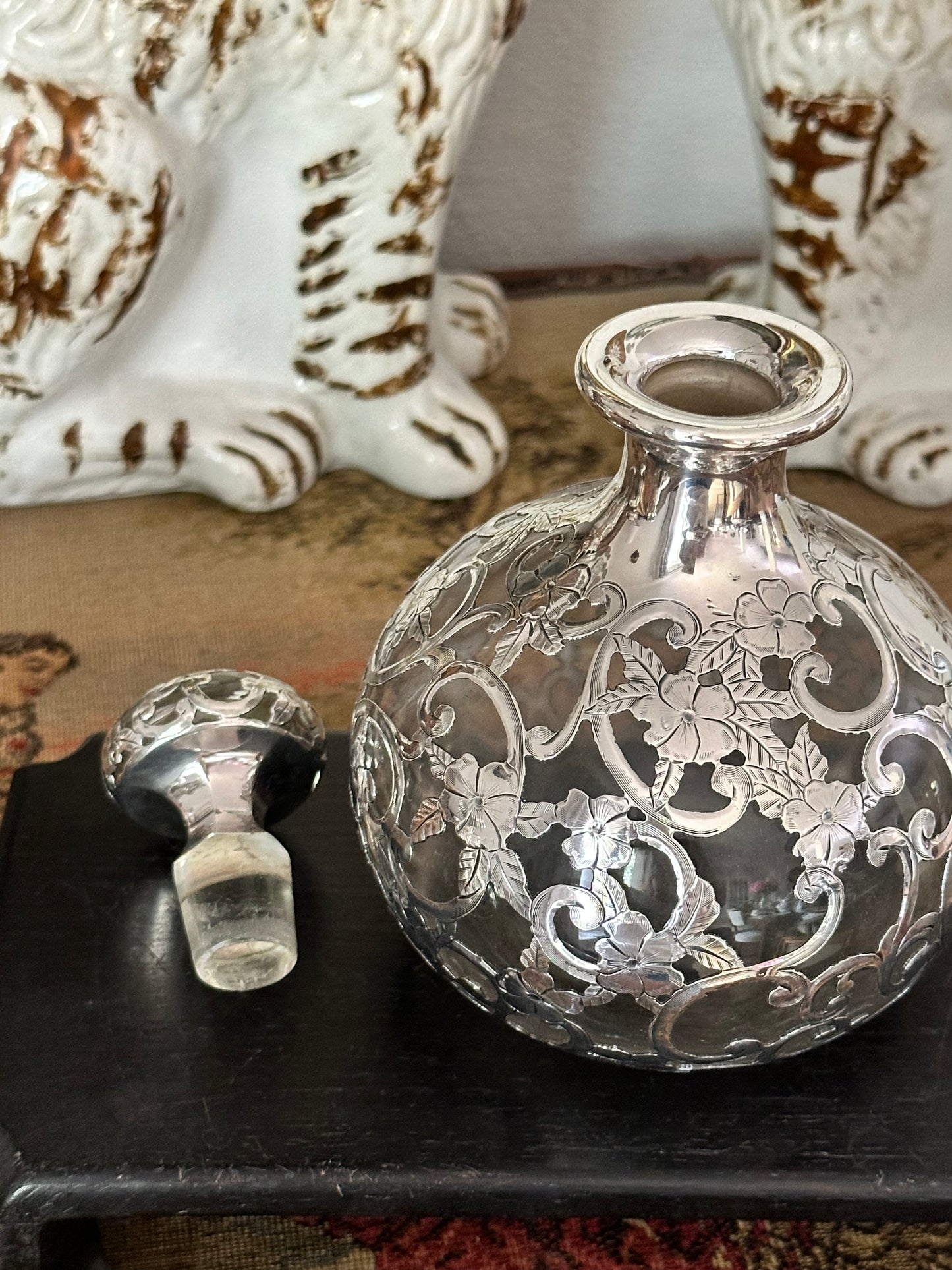 Antique Sterling Overlay Glass Perfume Bottle or Cruet - Sold Separately